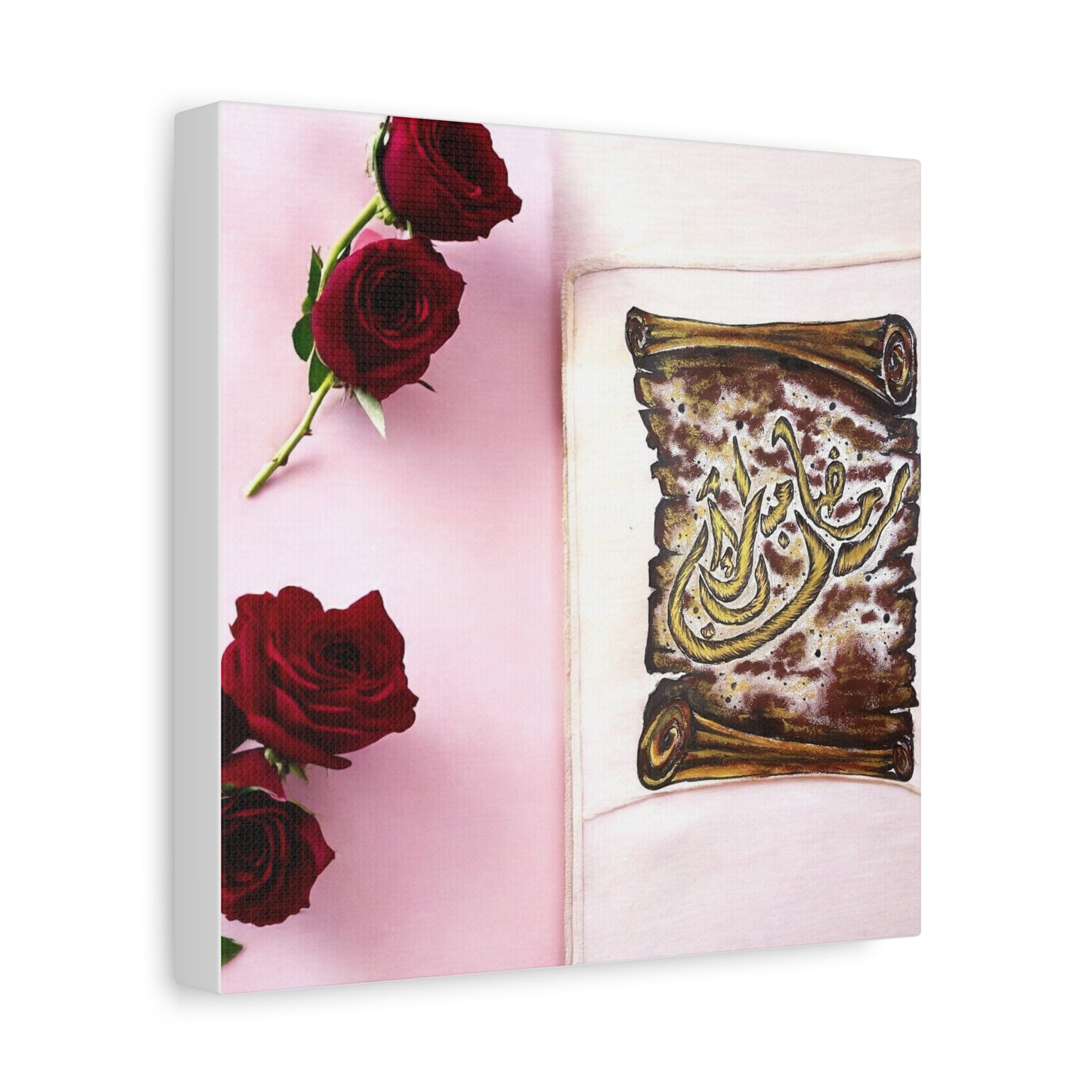 Arabic Calligraphy Canvas Wall Art — 'Bismillah' Scroll with Red Roses, Matte Stretched Canvas
