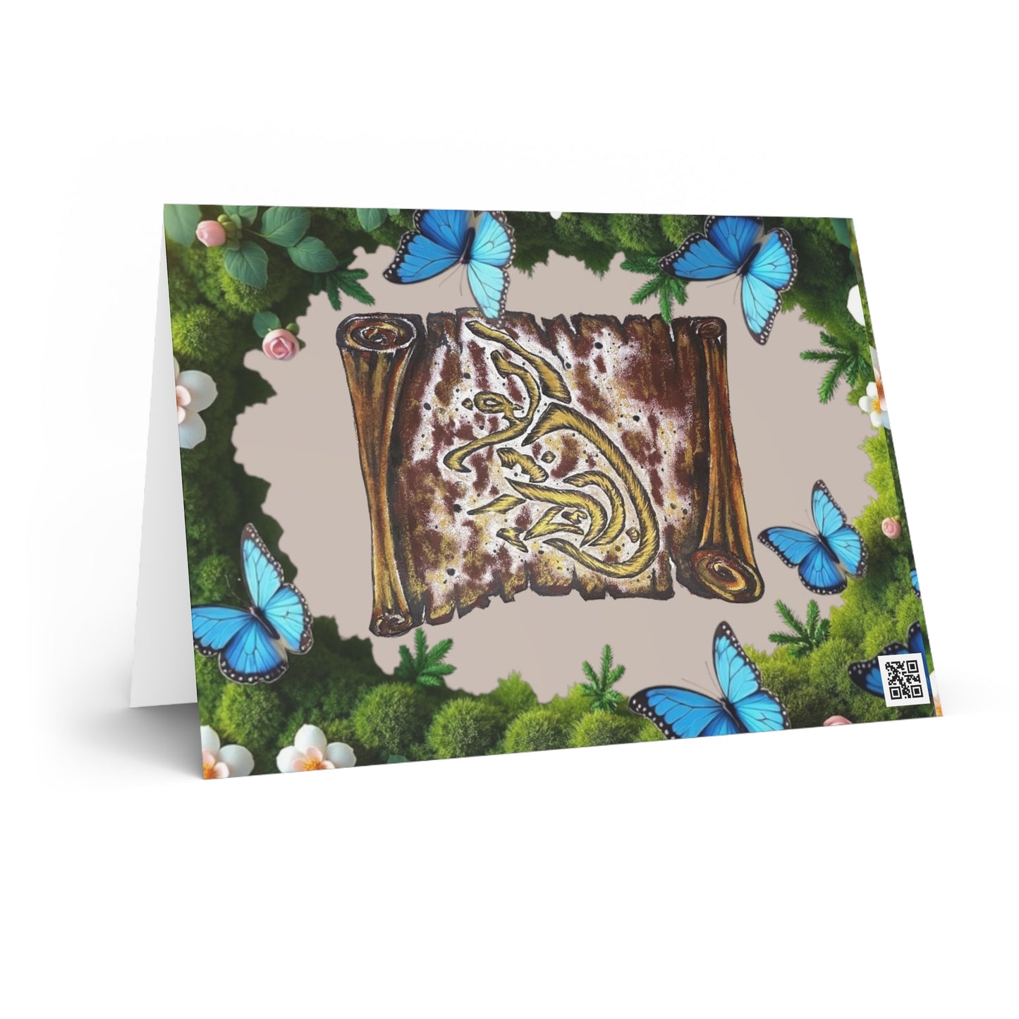 Greeting Card — Arabic Calligraphy Scroll with Blue Butterflies (Blank Inside)