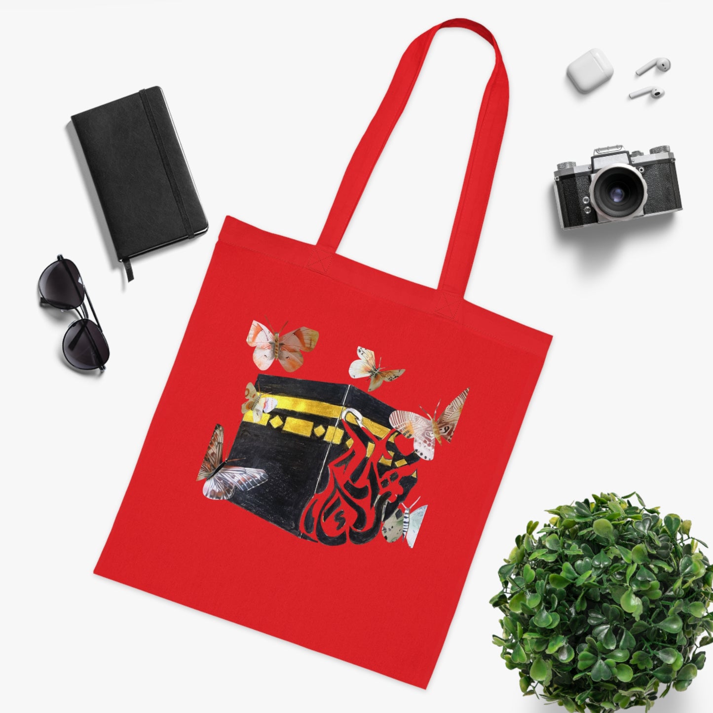 Kaaba & Butterflies Cotton Tote — Islamic Pilgrimage Prayer Bag