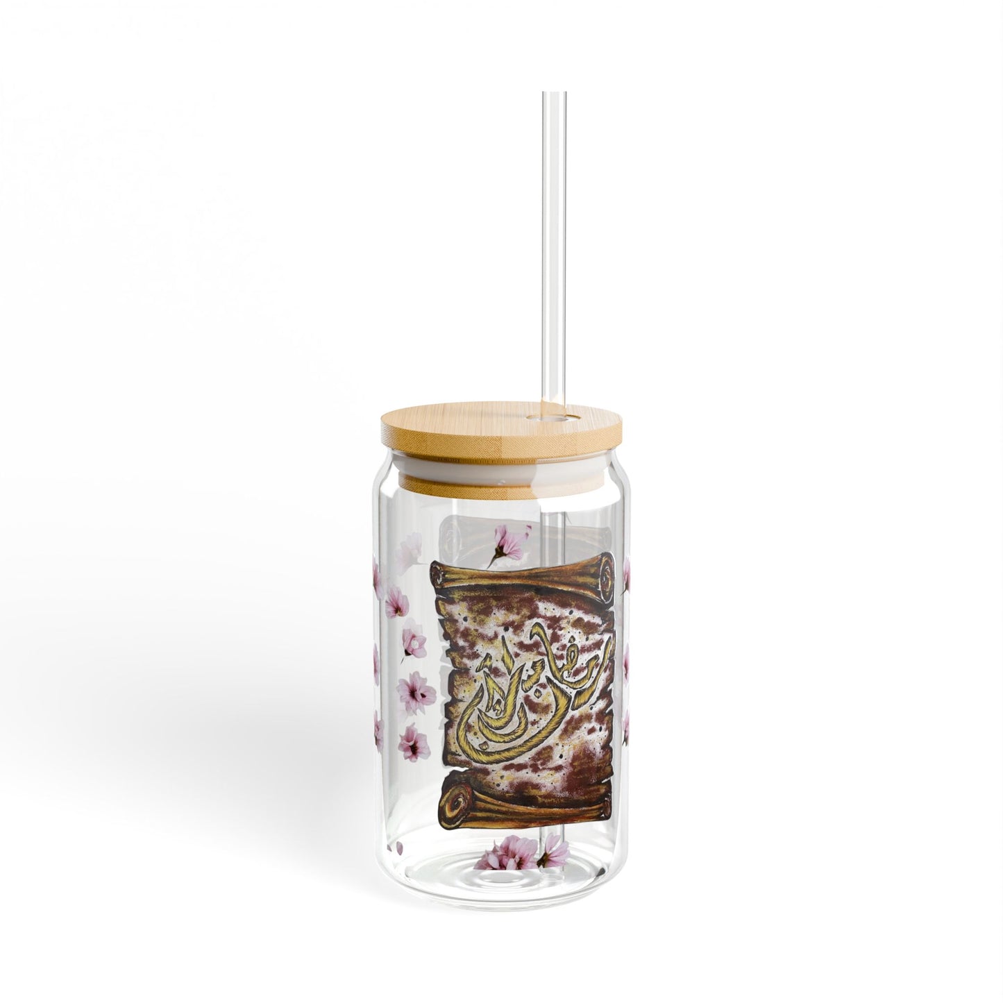 16oz Floral Calligraphy Sipper Glass with Bamboo Lid