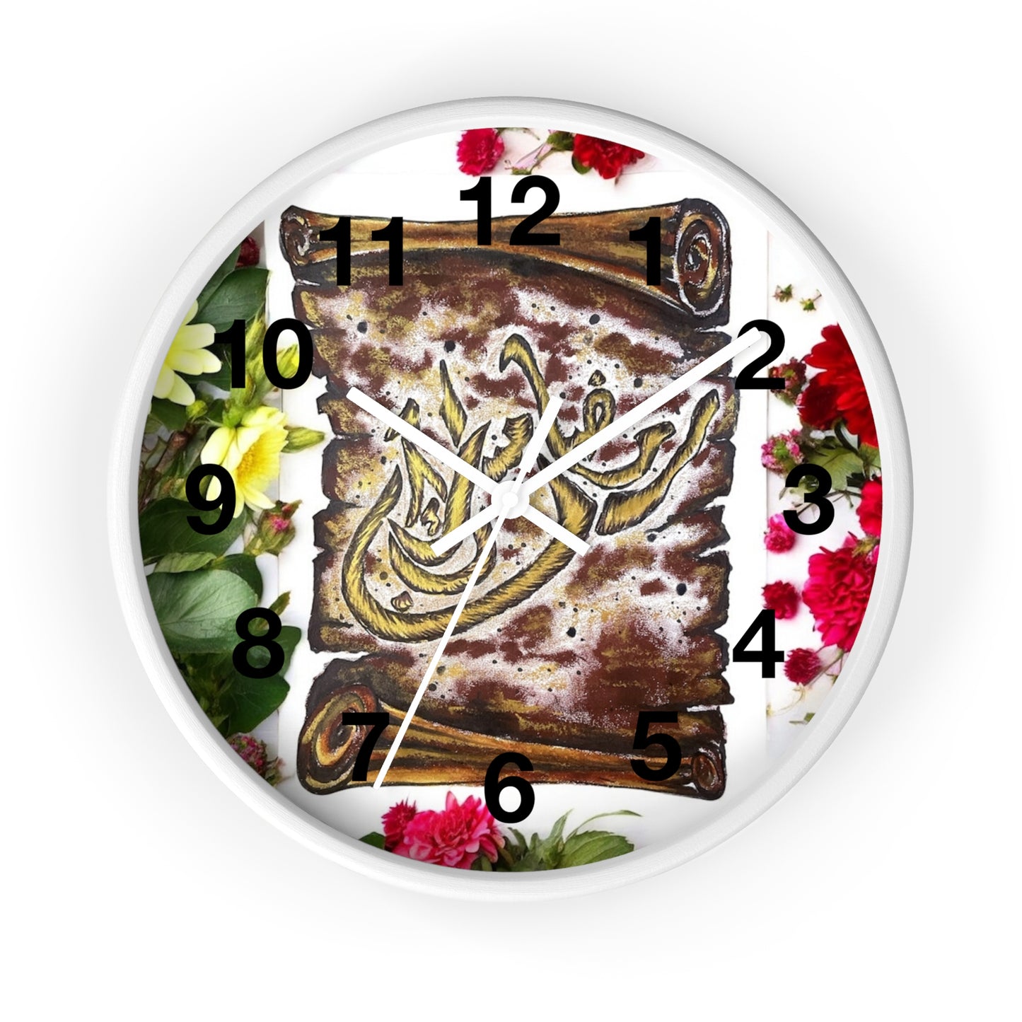 Arabic Calligraphy Floral Wall Clock — Islamic Decorative Timepiece