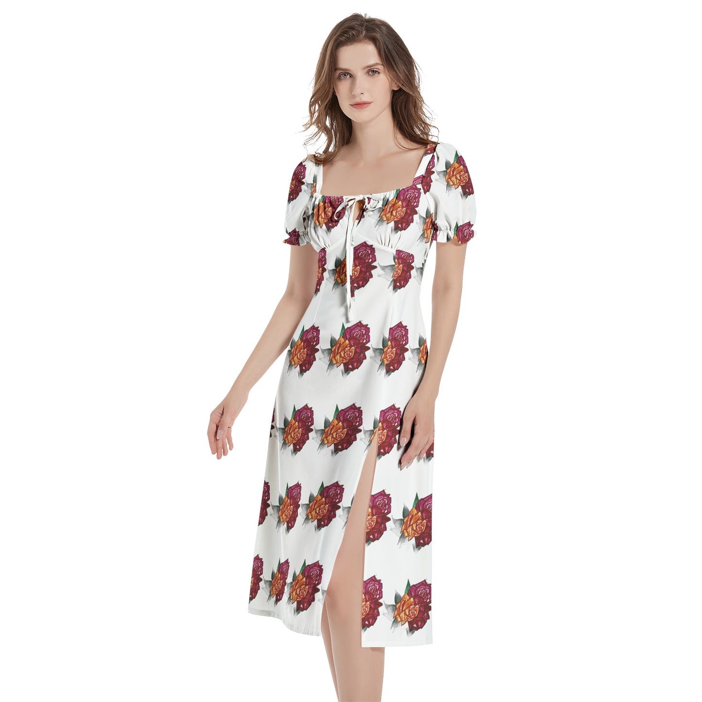 Puff Sleeve Split Thigh Midi Dress