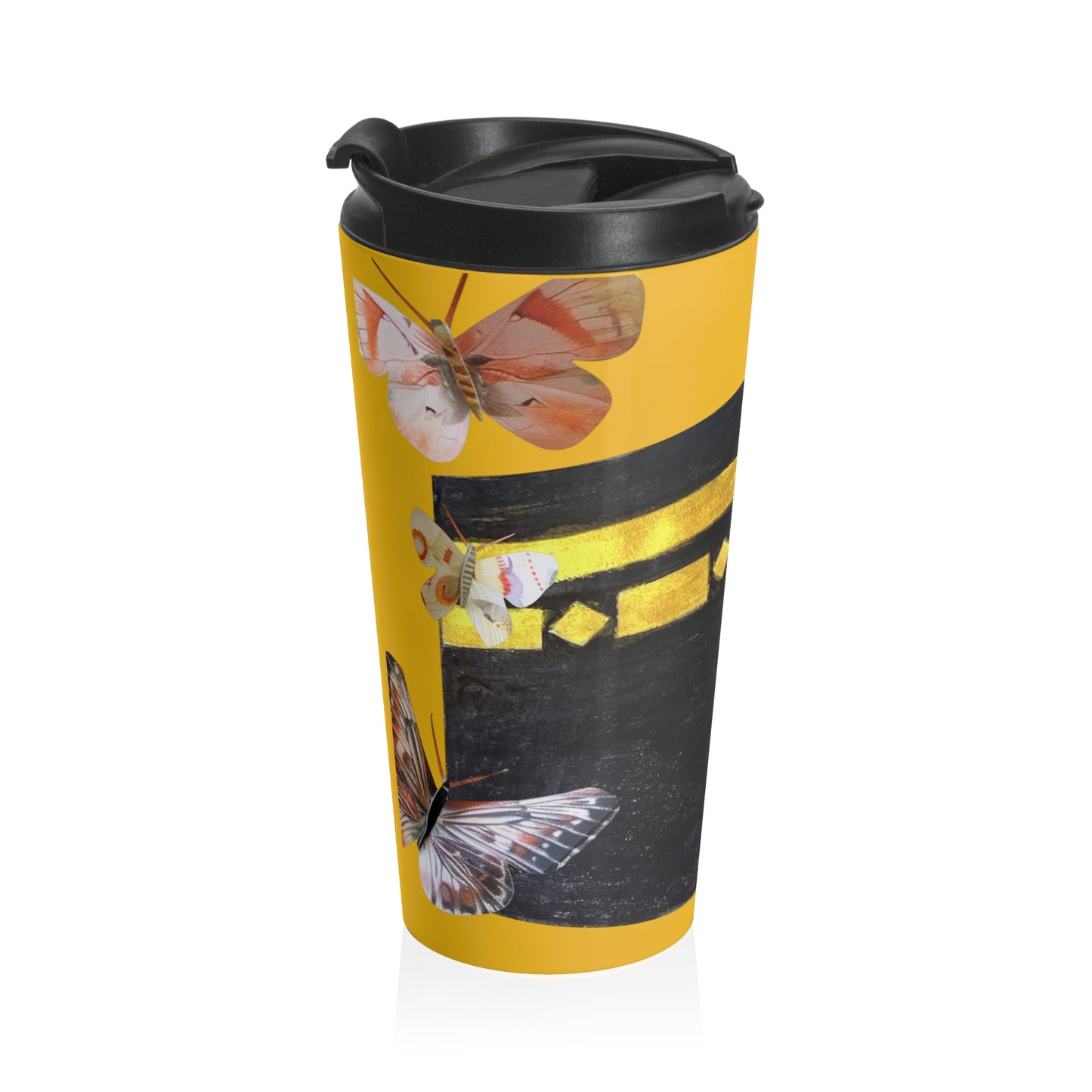 Butterfly Calligraphy Travel Mug — Yellow Stainless Steel Tumbler