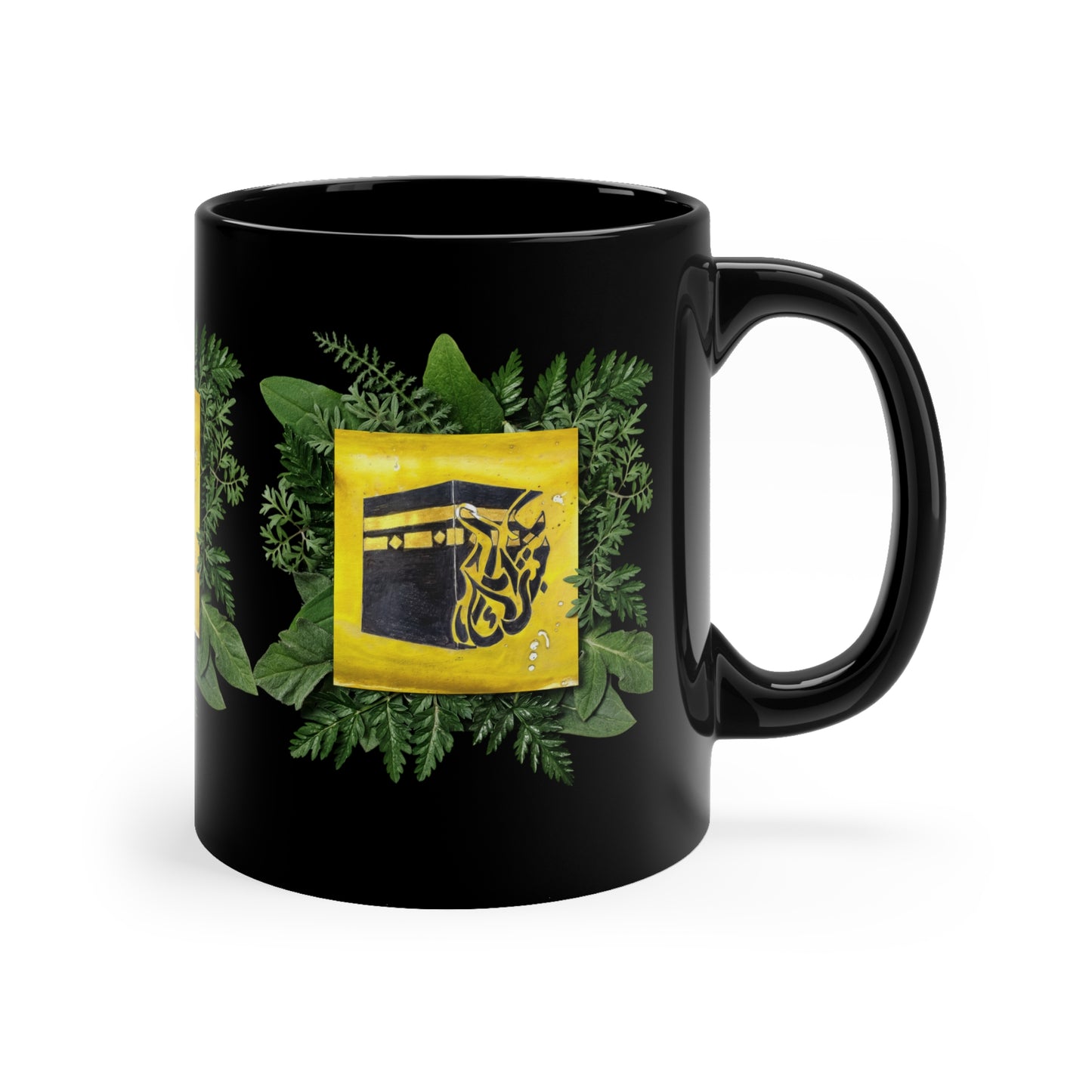 Kaaba Floral Black Coffee Mug — Islamic Holy Kaaba Design (11oz)