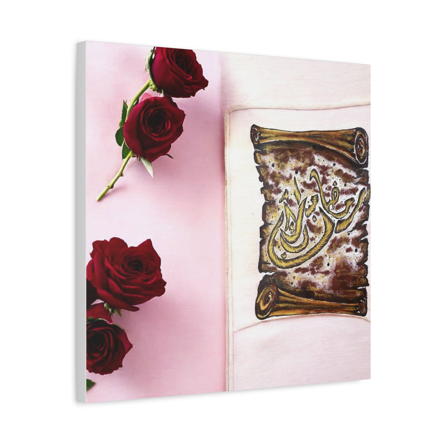 Arabic Calligraphy Canvas Wall Art — 'Bismillah' Scroll with Red Roses, Matte Stretched Canvas