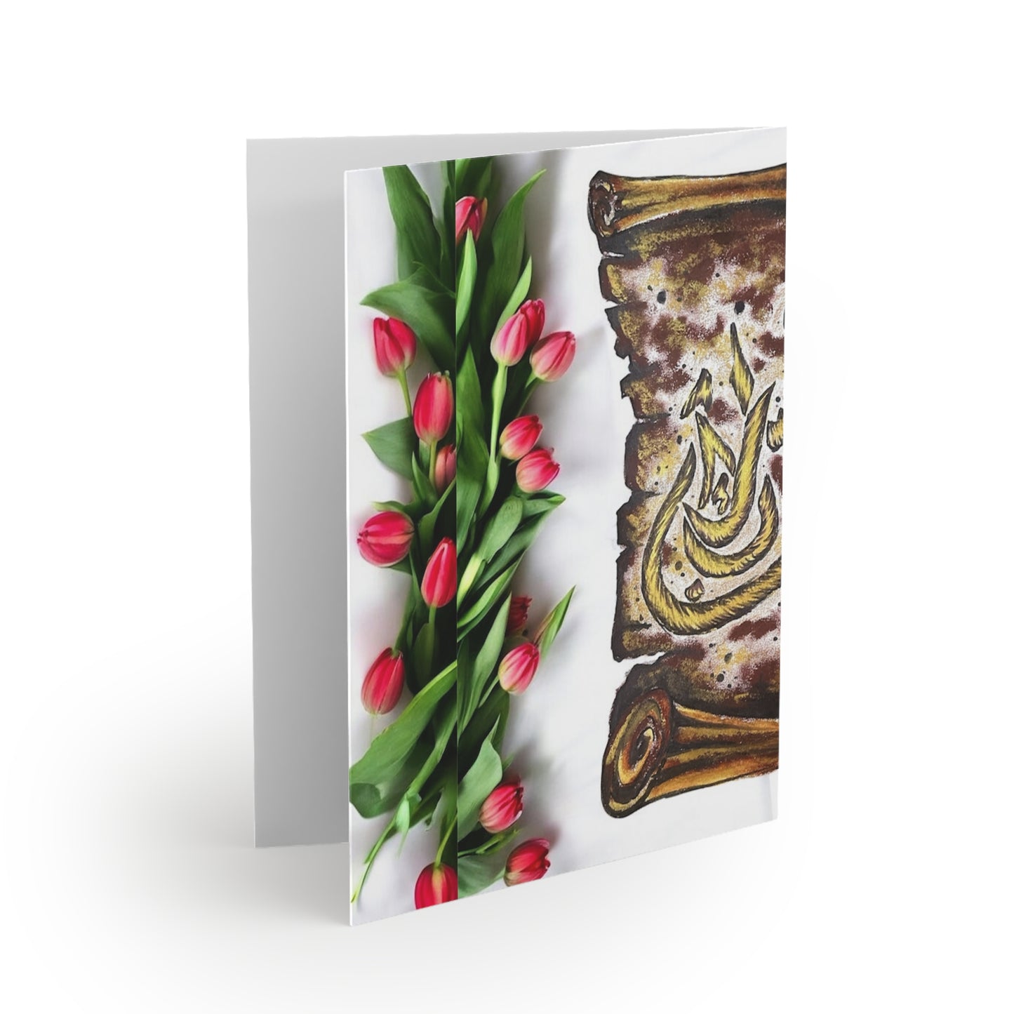 Floral Tulip & Scroll Arabic Calligraphy Greeting Cards — Pack of 8/16/24