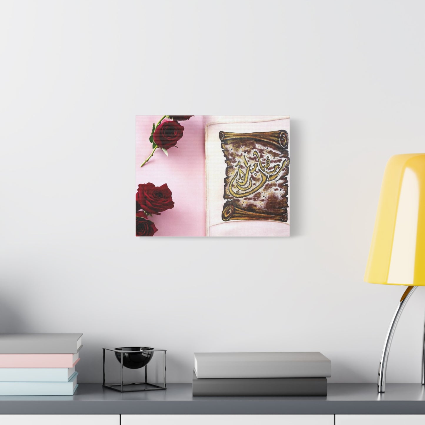 Arabic Calligraphy Canvas Wall Art — 'Bismillah' Scroll with Red Roses, Matte Stretched Canvas