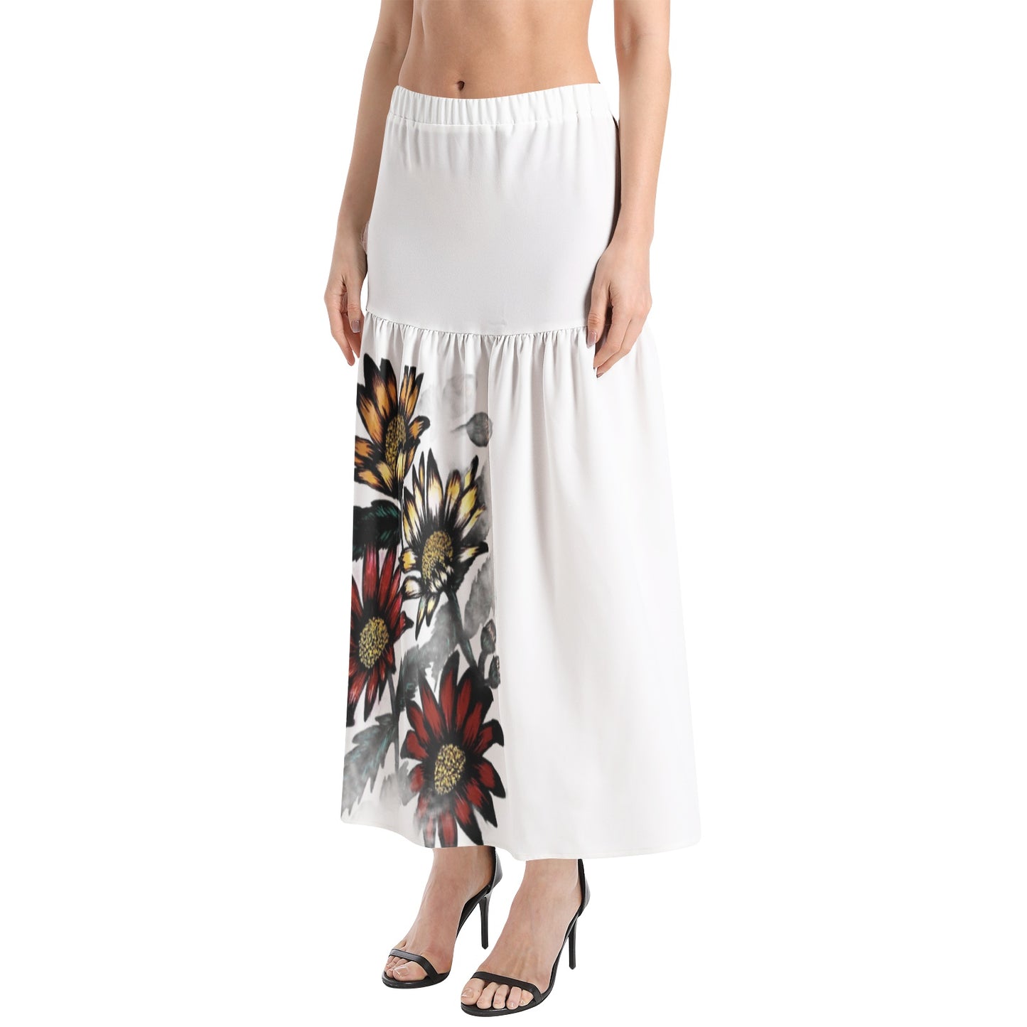 Elastic Waist Ruffle Slit Hem Skirt