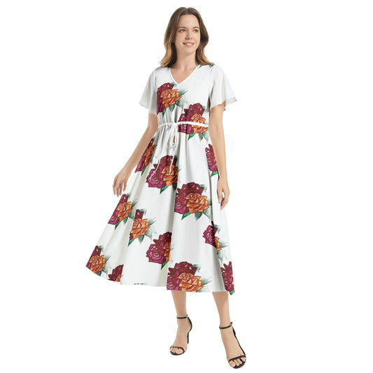 Flutter Sleeve Drawstring Waist Flared Dress