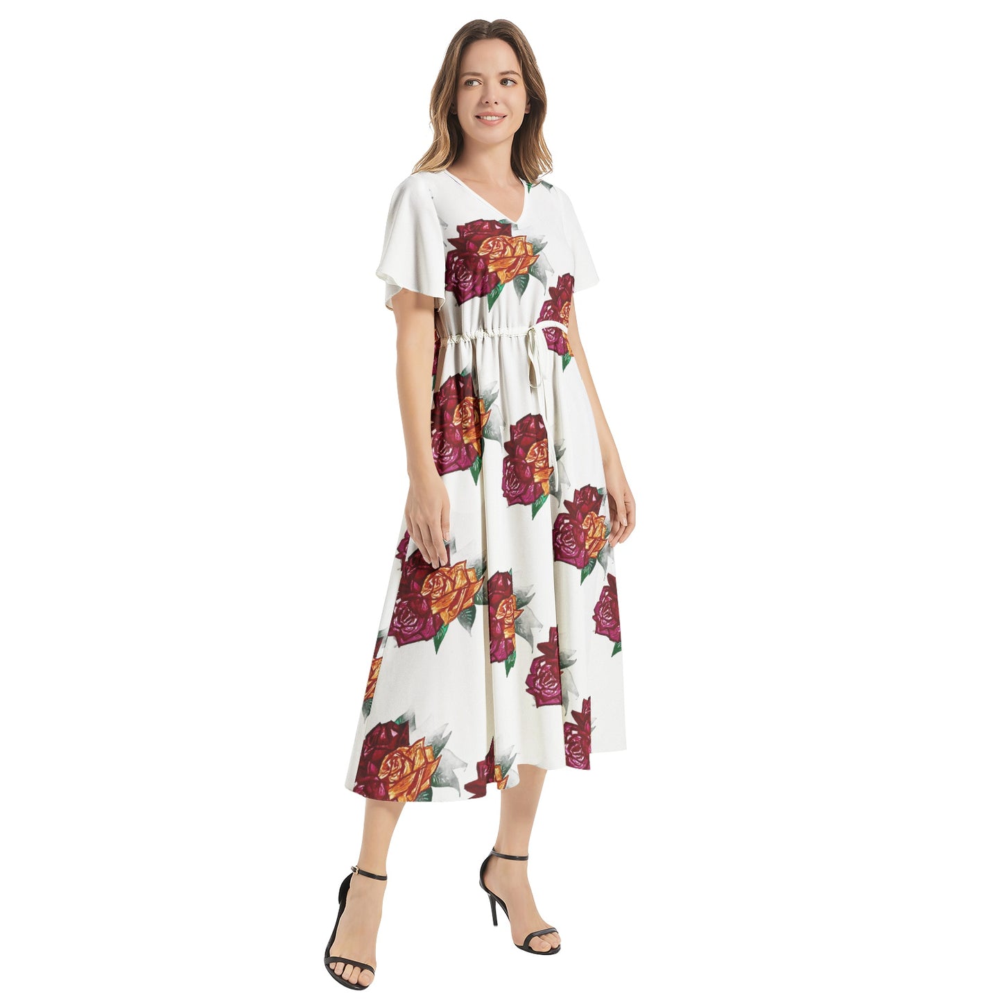 Flutter Sleeve Drawstring Waist Flared Dress