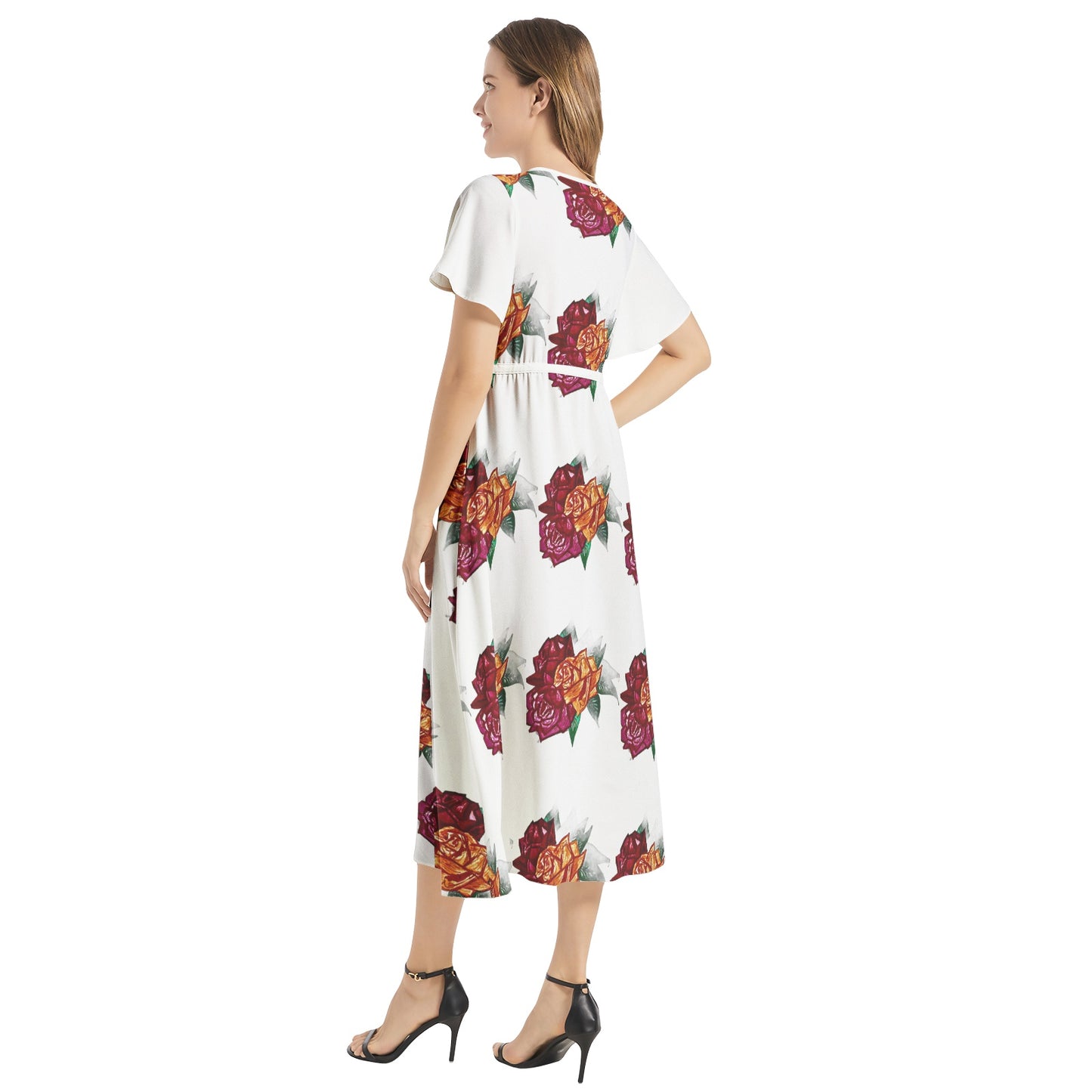 Flutter Sleeve Drawstring Waist Flared Dress