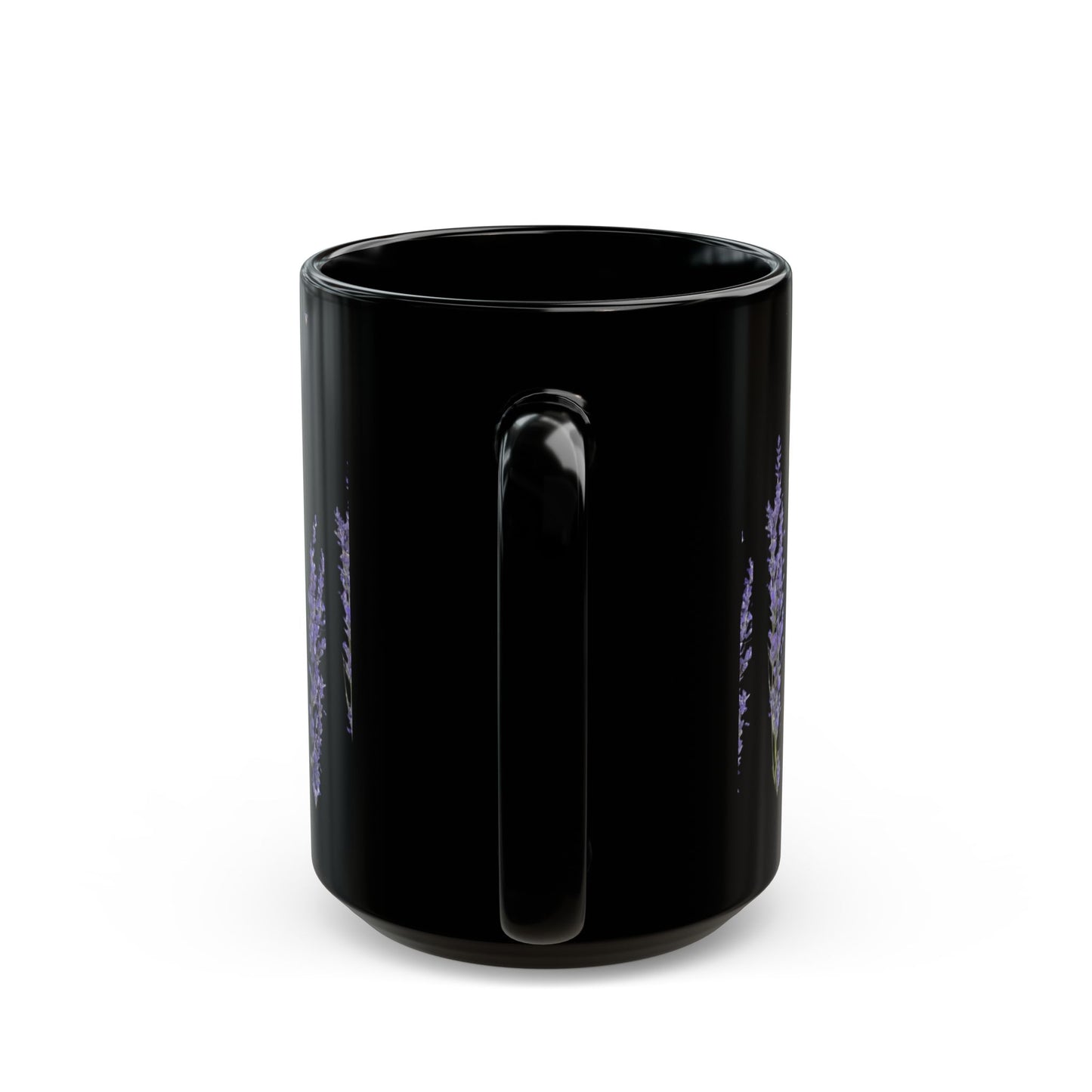 Black Ceramic Mug — Vintage Scroll & Lavender Arabic Calligraphy Design (11oz/15oz)