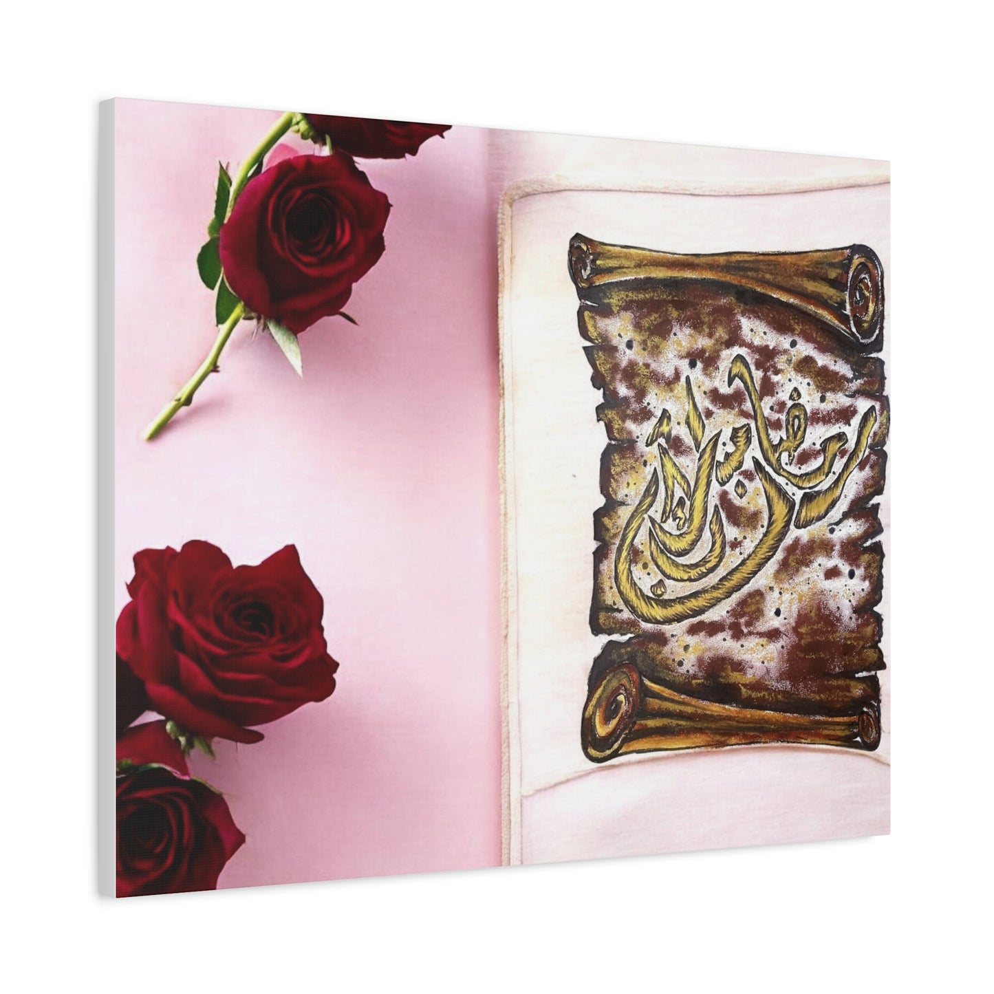 Arabic Calligraphy Canvas Wall Art — 'Bismillah' Scroll with Red Roses, Matte Stretched Canvas