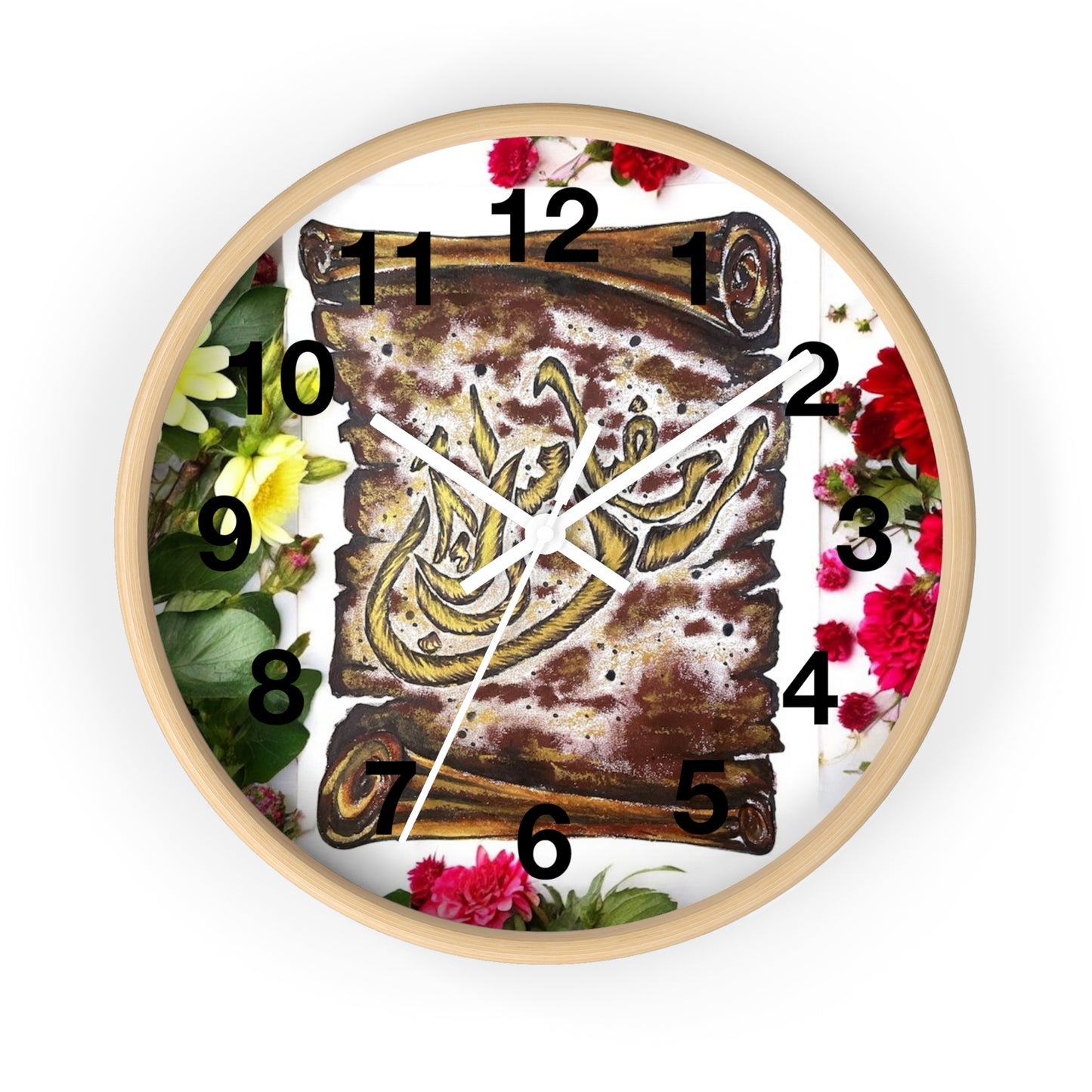 Arabic Calligraphy Floral Wall Clock — Islamic Decorative Timepiece