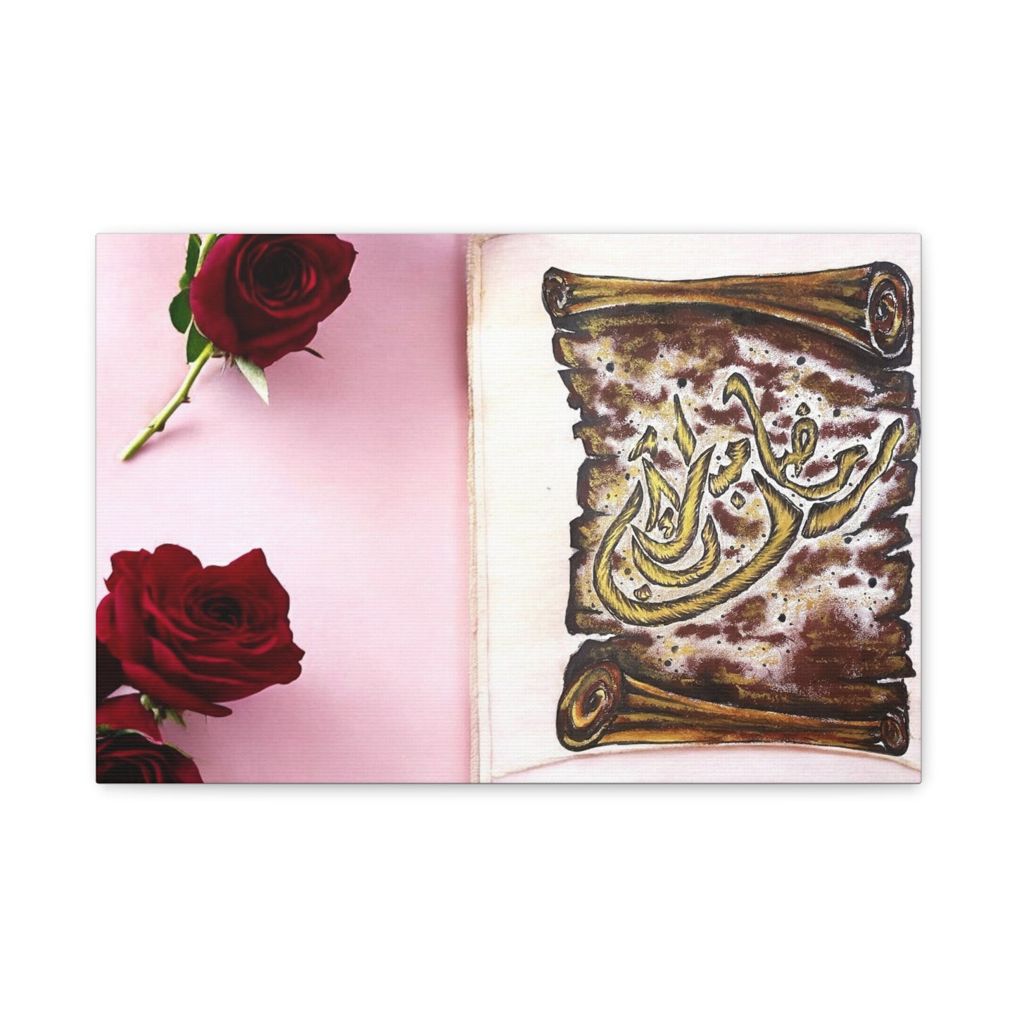 Arabic Calligraphy Canvas Wall Art — 'Bismillah' Scroll with Red Roses, Matte Stretched Canvas