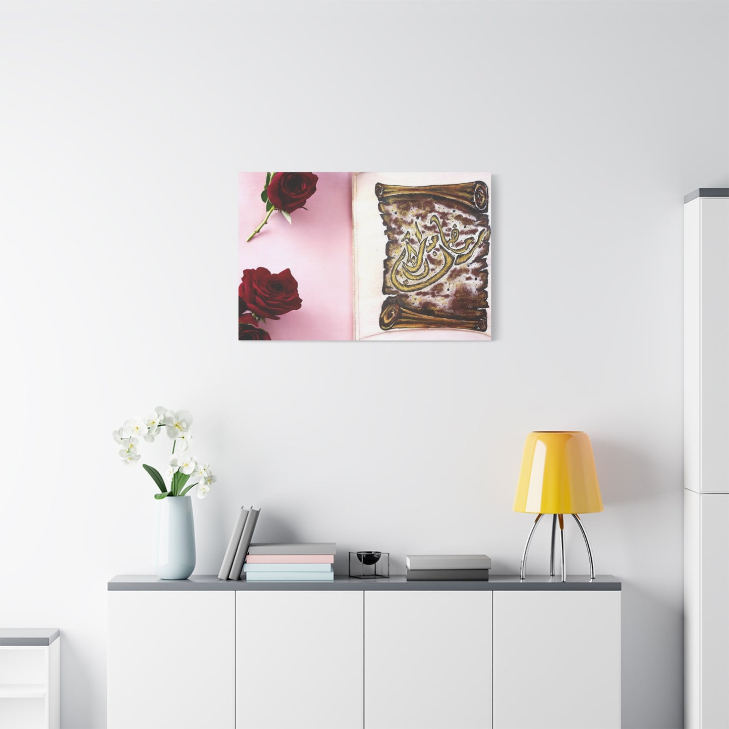 Arabic Calligraphy Canvas Wall Art — 'Bismillah' Scroll with Red Roses, Matte Stretched Canvas