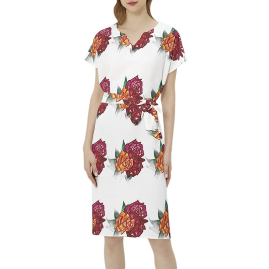 Betwing Seleeve Notch Neck Casual Dress with Belt
