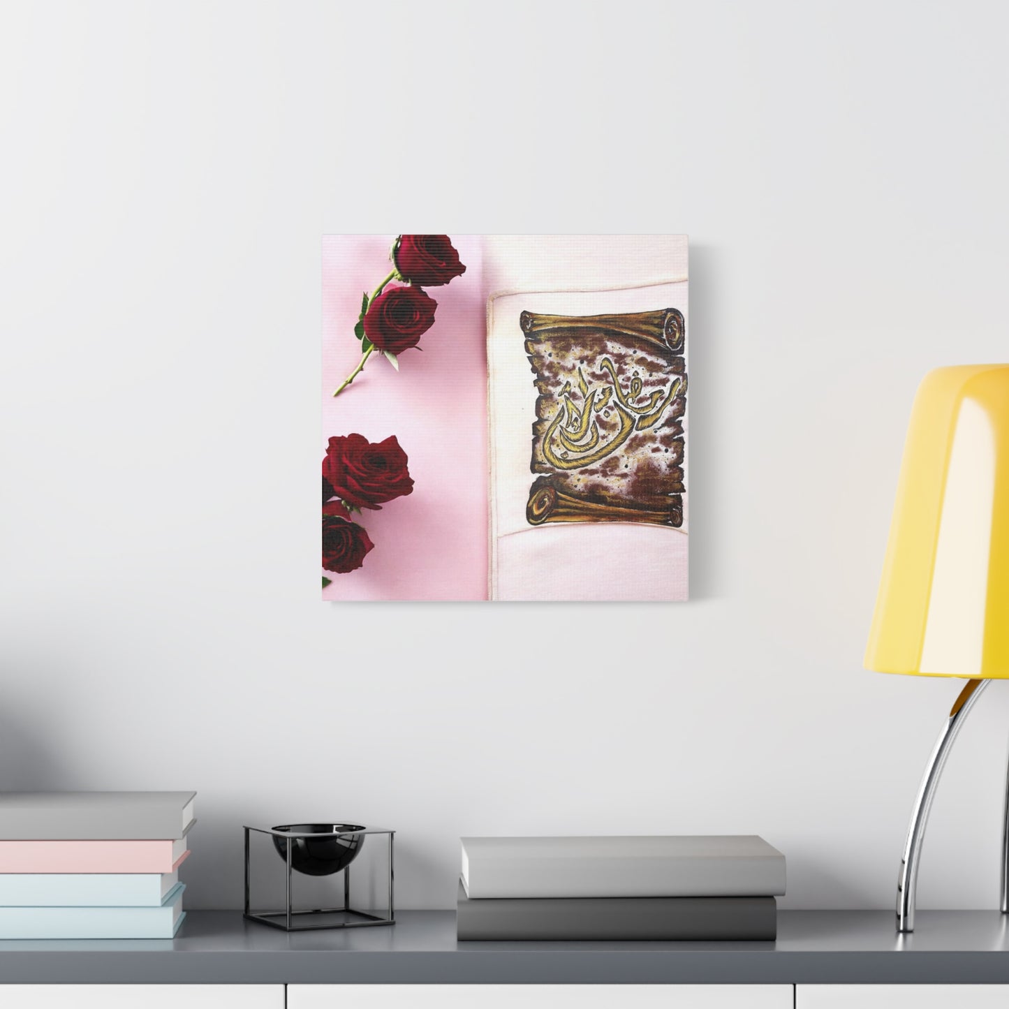 Arabic Calligraphy Canvas Wall Art — 'Bismillah' Scroll with Red Roses, Matte Stretched Canvas
