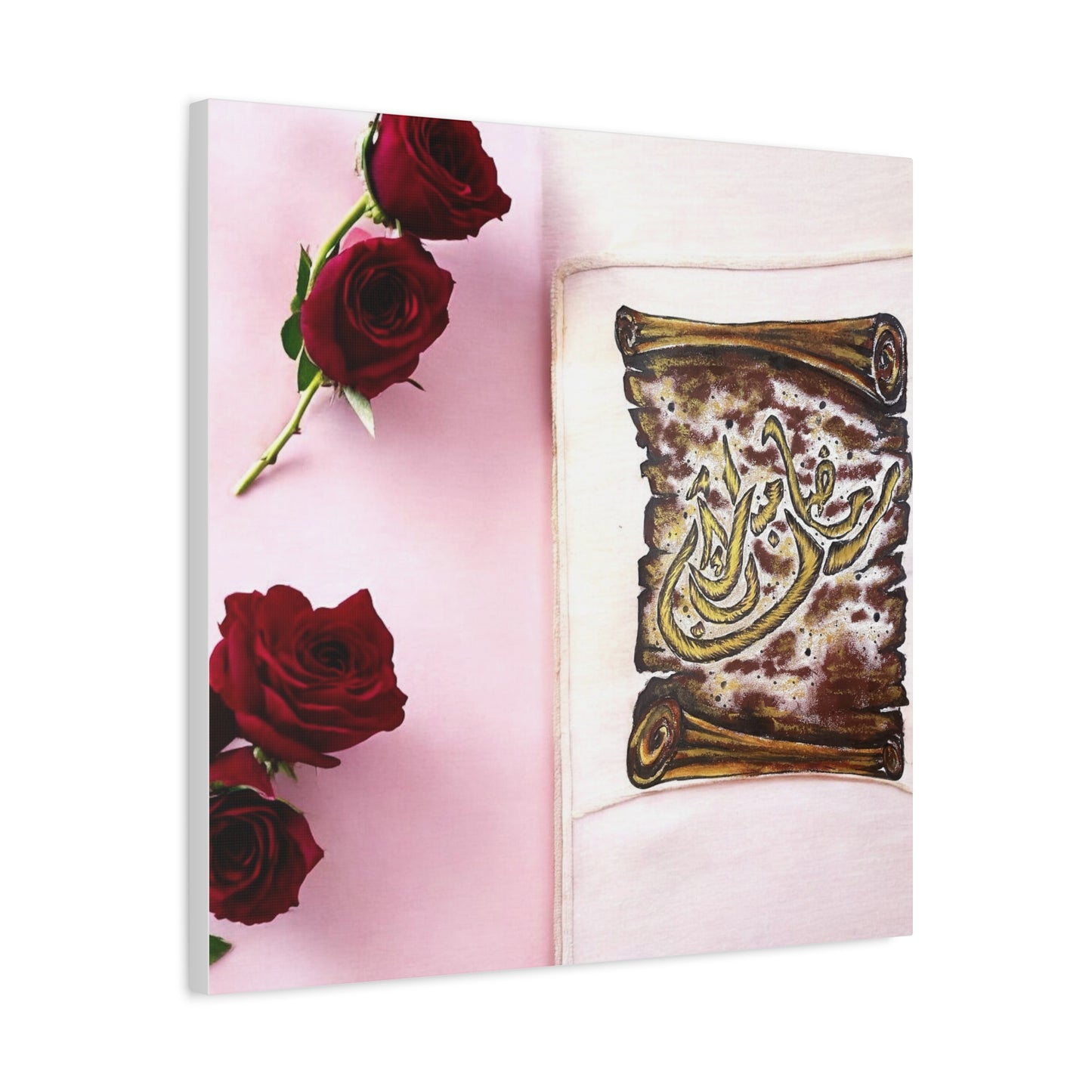 Arabic Calligraphy Canvas Wall Art — 'Bismillah' Scroll with Red Roses, Matte Stretched Canvas