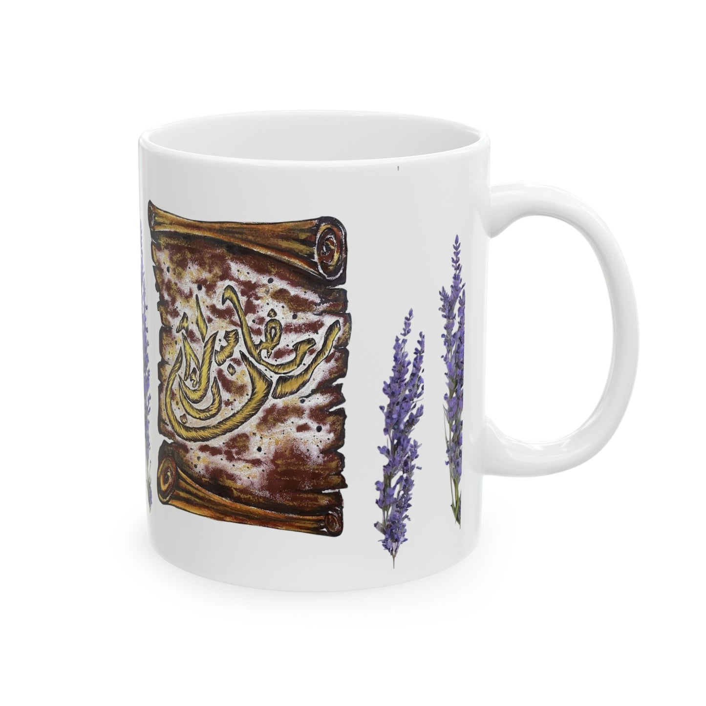 Lavender & Scroll Ceramic Mug – Botanical Tea Coffee Cup (11oz, 15oz)