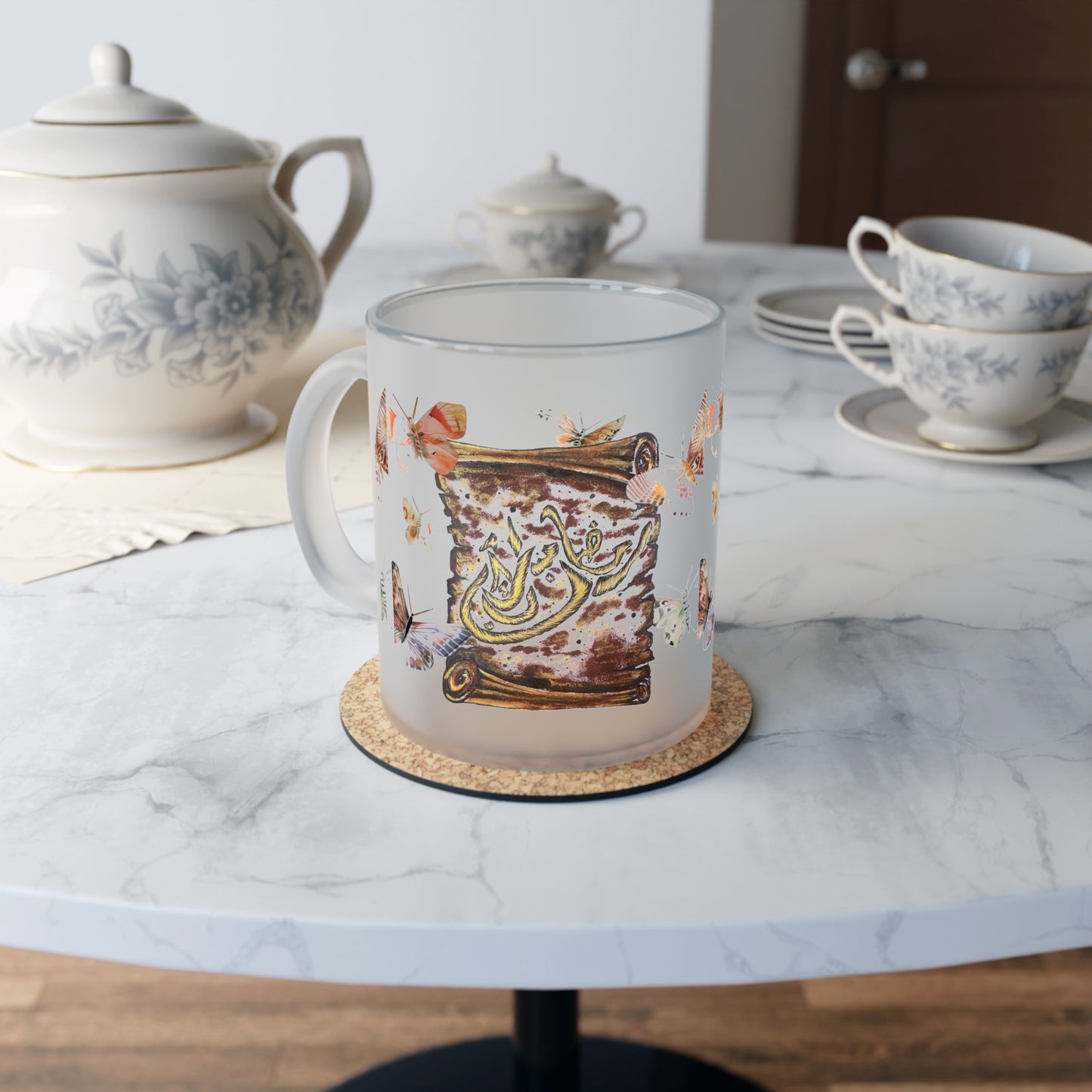 Frosted Glass Mug — Boho Butterfly & Floral Script Art