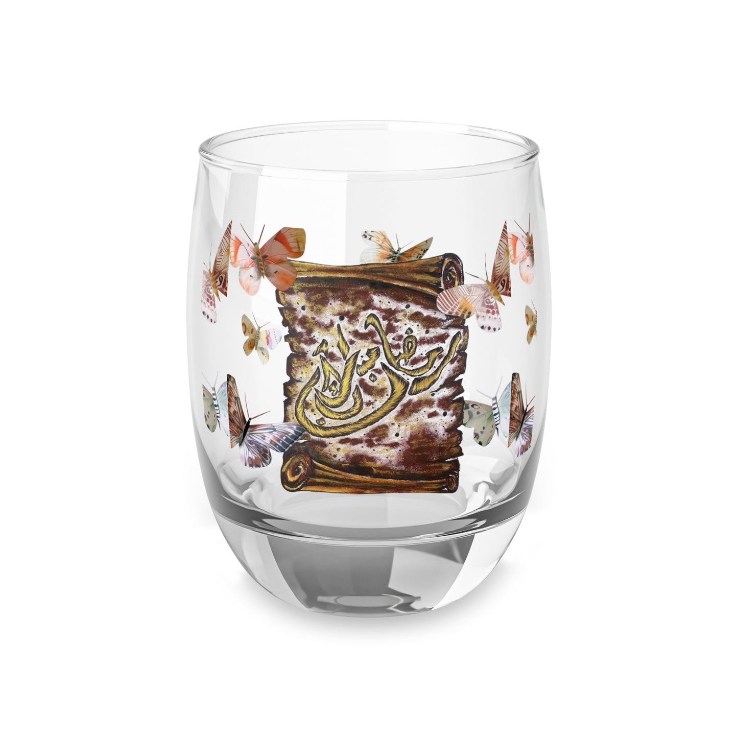 Butterfly Scroll Whiskey Glass — Vintage Calligraphy Design