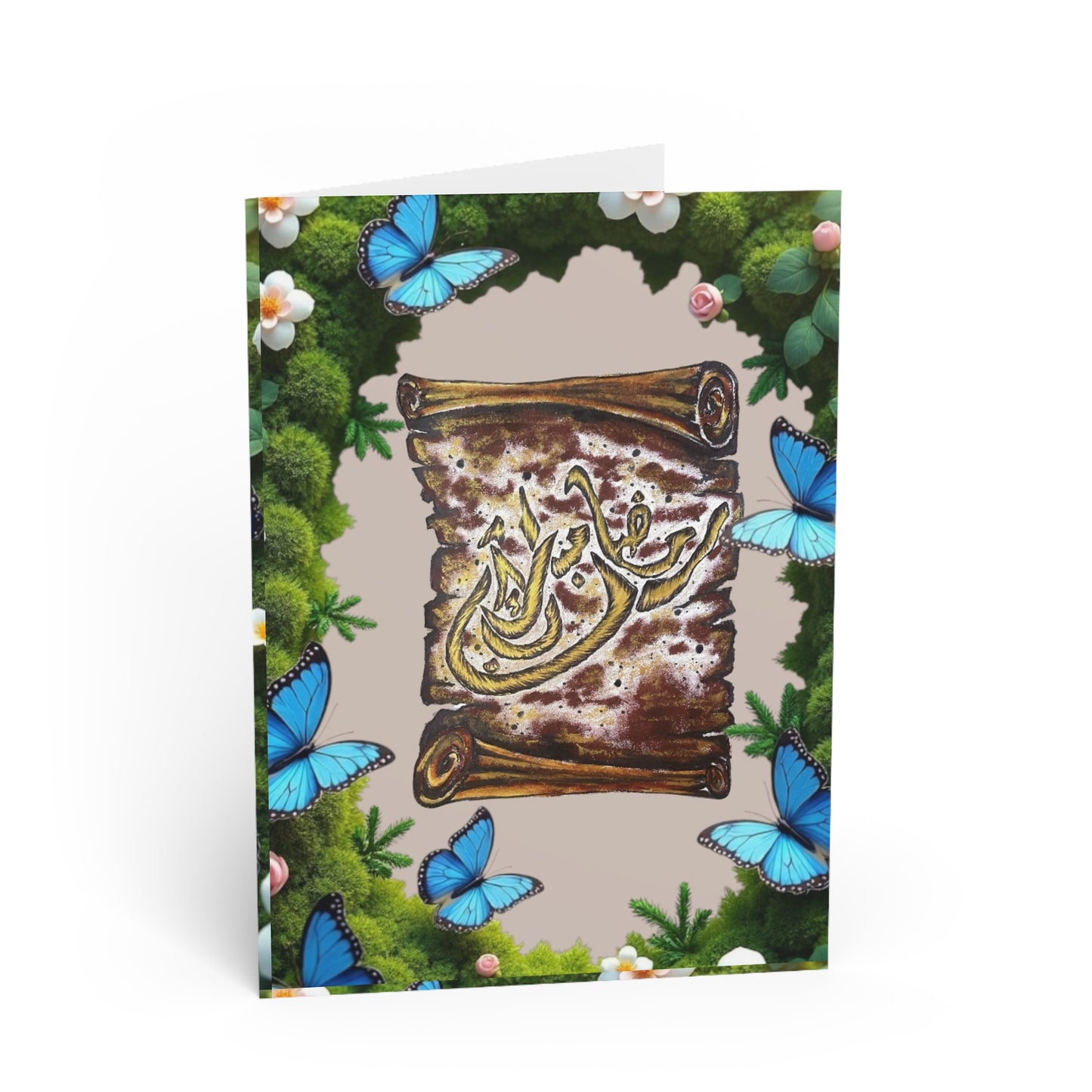 Greeting Card — Arabic Calligraphy Scroll with Blue Butterflies (Blank Inside)
