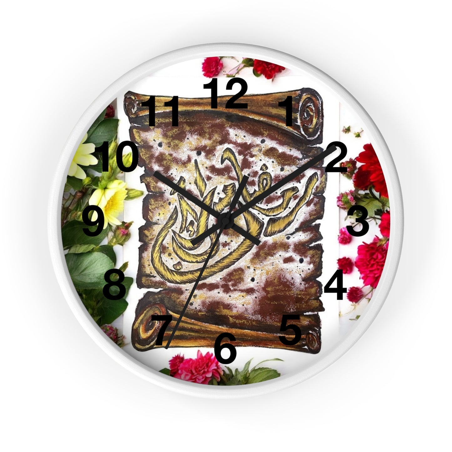 Arabic Calligraphy Floral Wall Clock — Islamic Decorative Timepiece