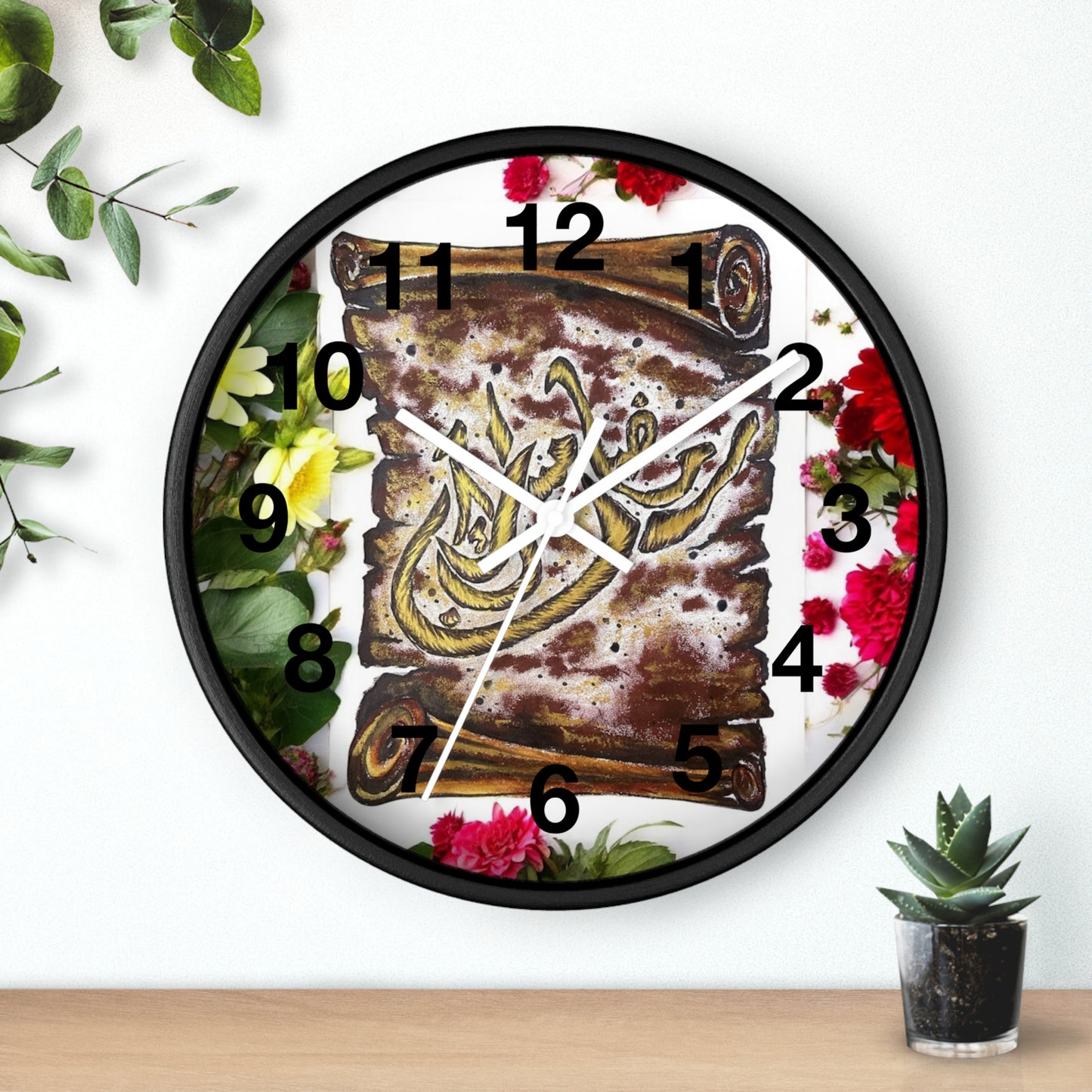 Arabic Calligraphy Floral Wall Clock — Islamic Decorative Timepiece