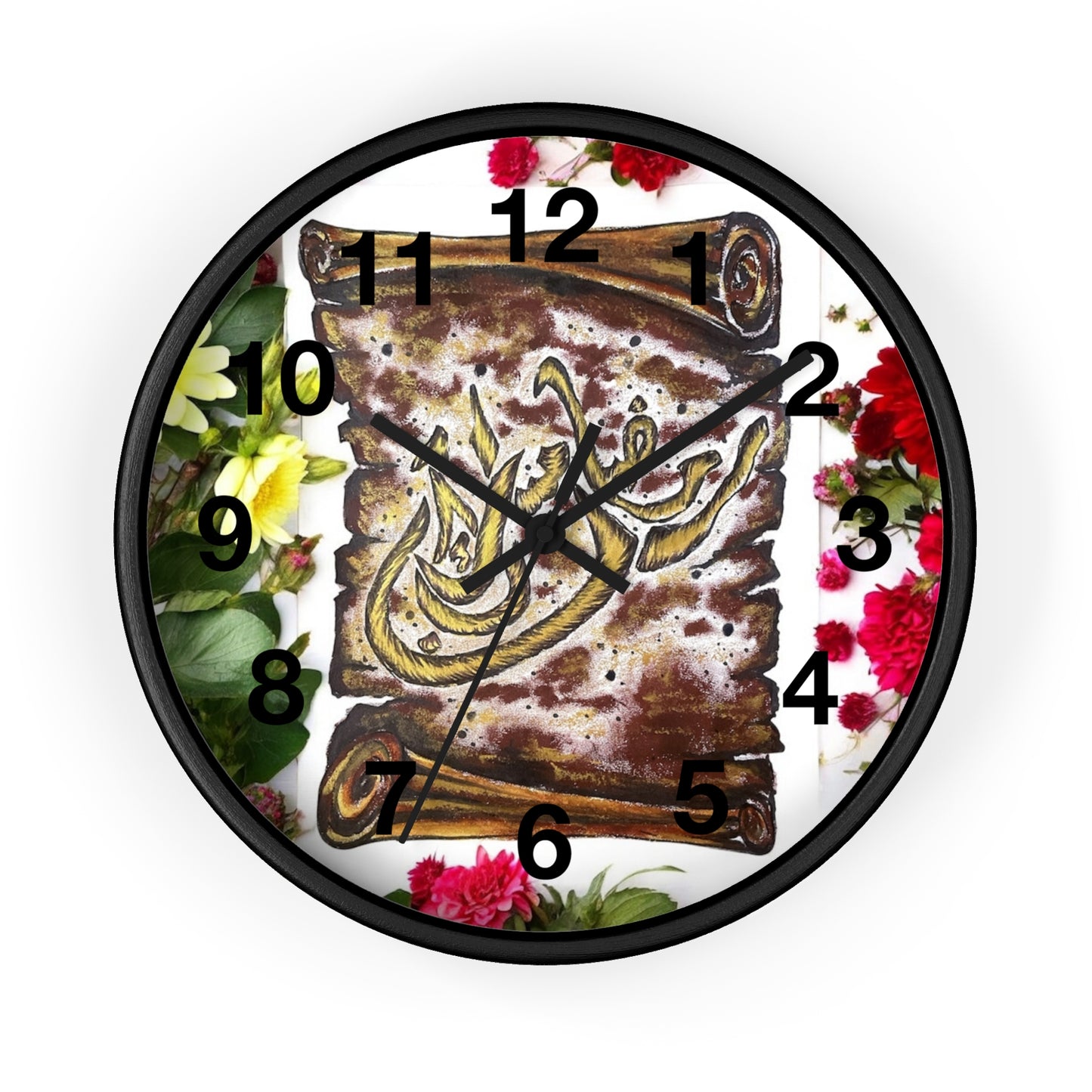 Arabic Calligraphy Floral Wall Clock — Islamic Decorative Timepiece