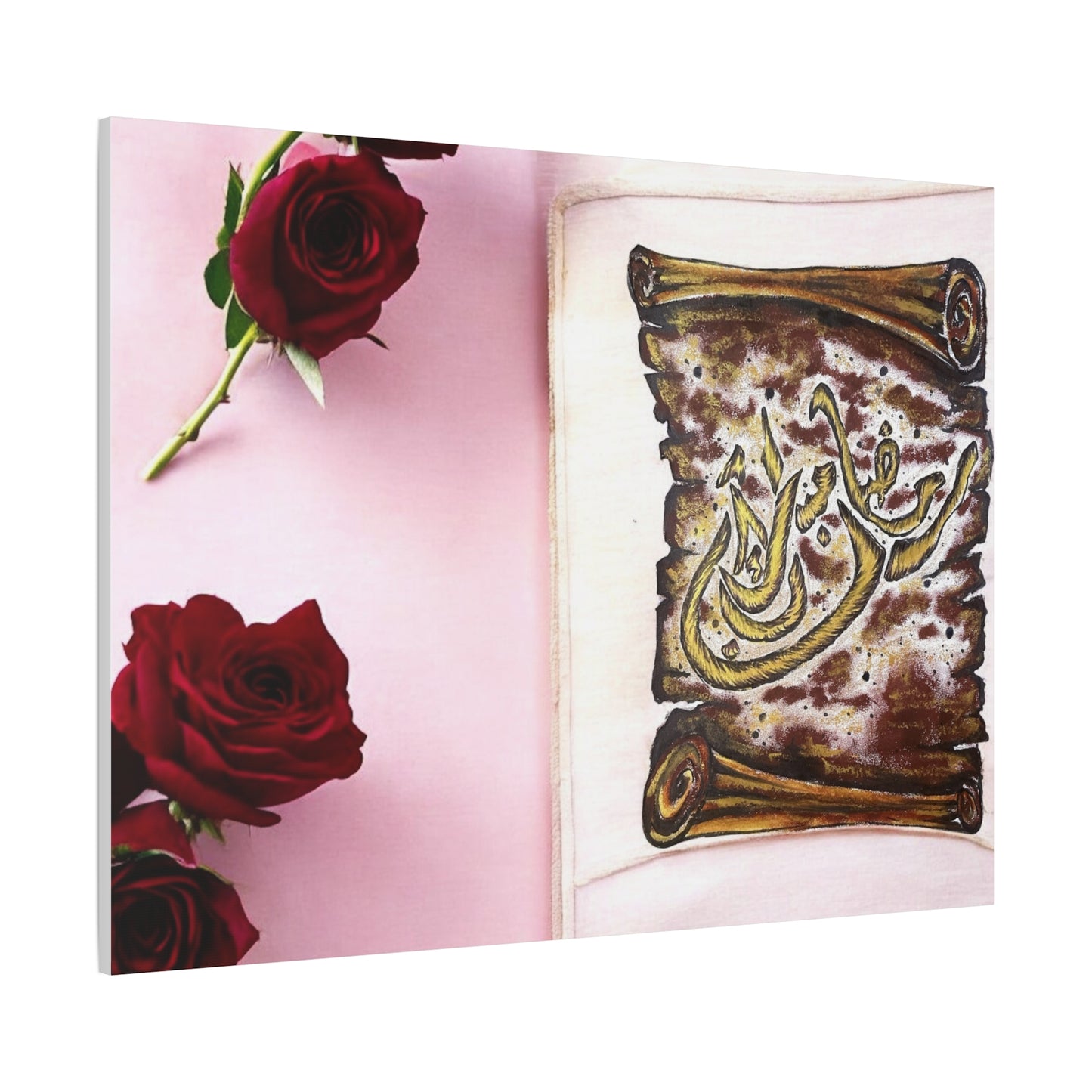 Arabic Calligraphy Canvas Wall Art — 'Bismillah' Scroll with Red Roses, Matte Stretched Canvas