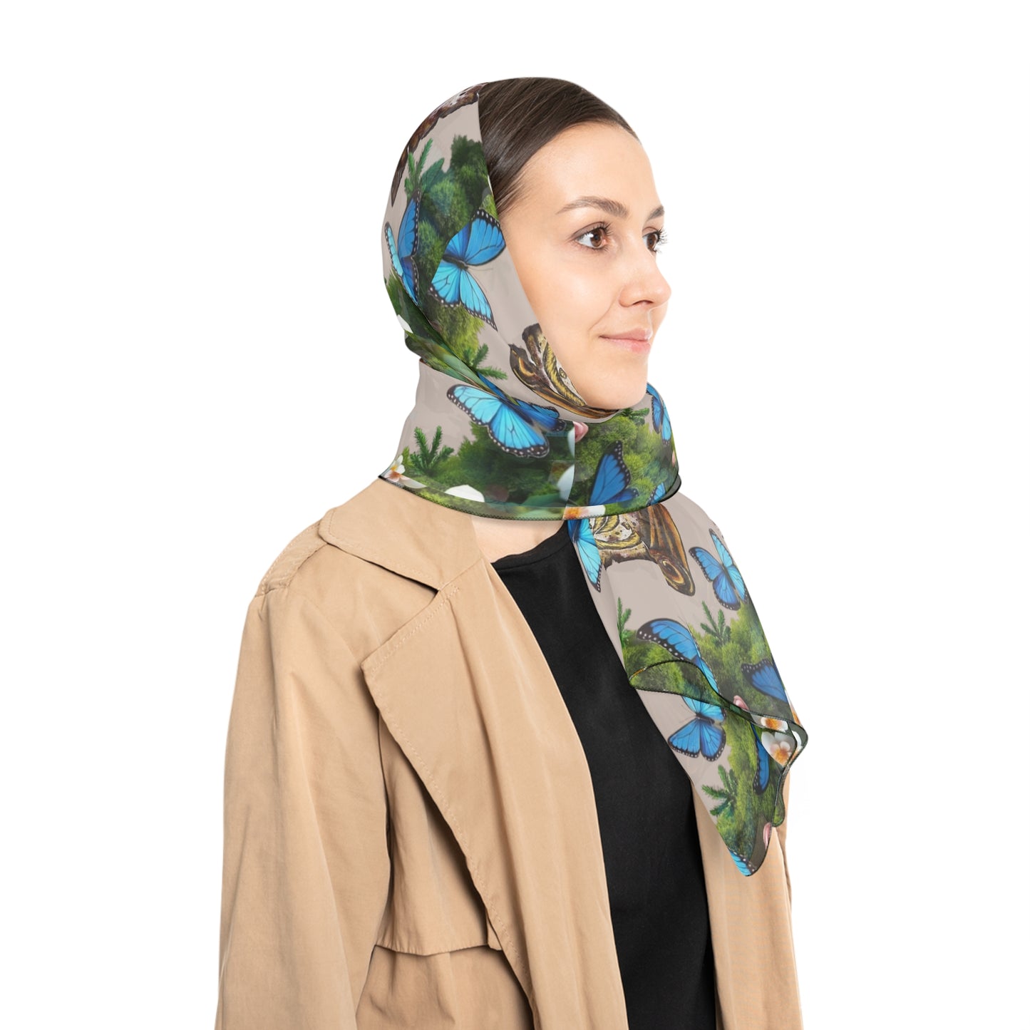 Silk-Feel Butterfly & Buddha Pattern Scarf – Botanical Boho Square Scarf