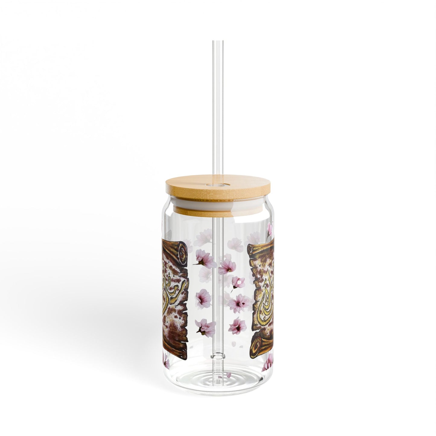 16oz Floral Calligraphy Sipper Glass with Bamboo Lid