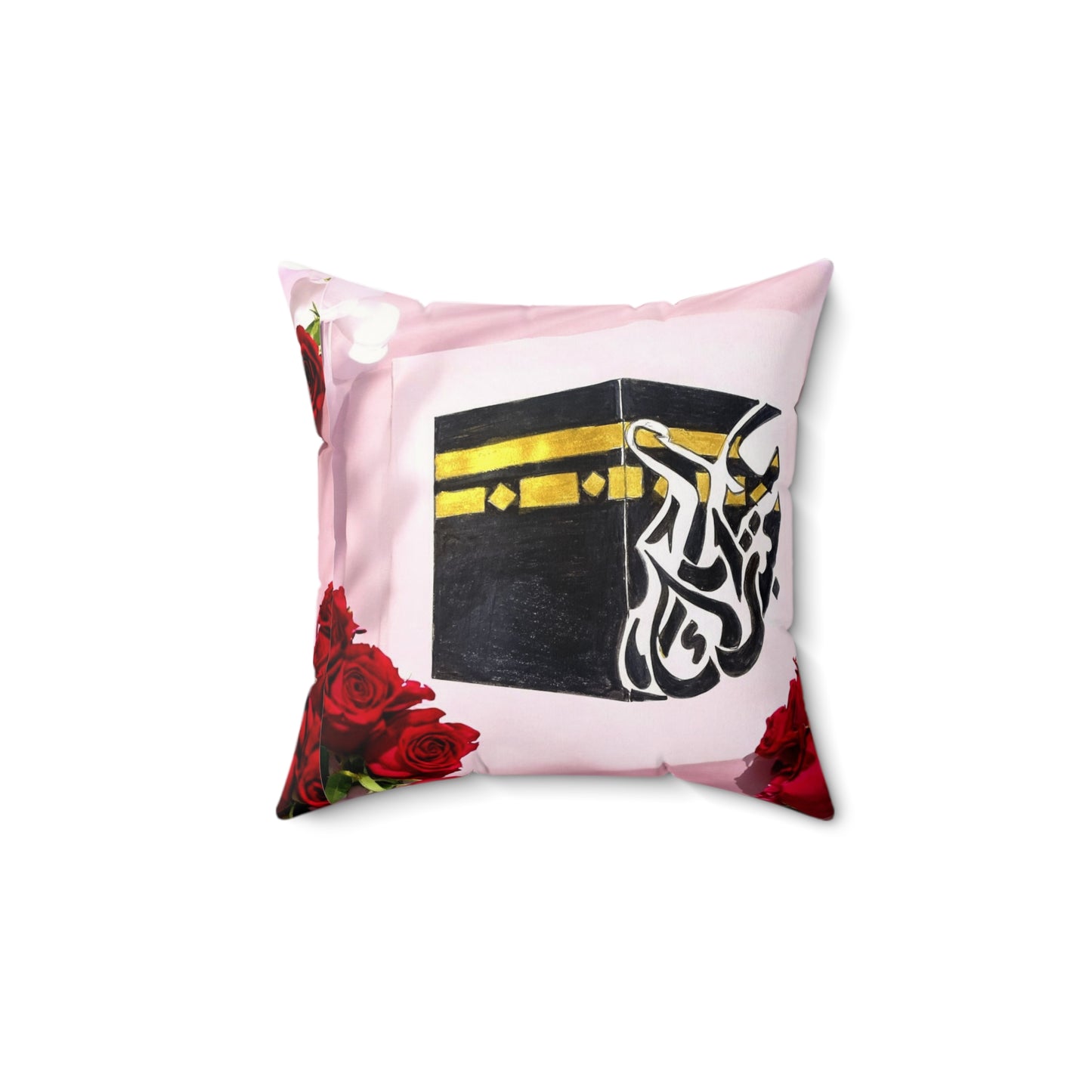Kaaba Floral Accent Pillow — Faux Suede Square Pillow with Arabic Calligraphy