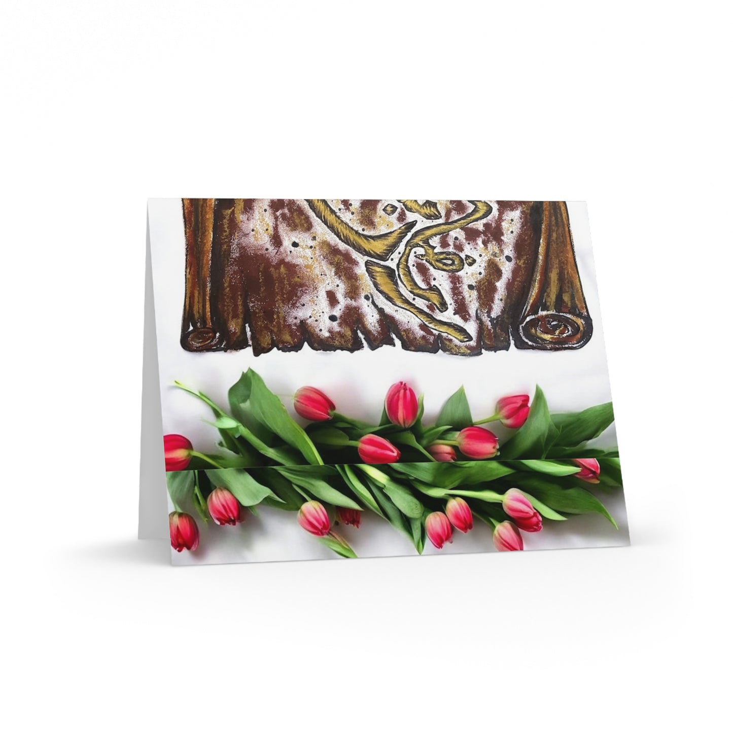 Floral Tulip & Scroll Arabic Calligraphy Greeting Cards — Pack of 8/16/24