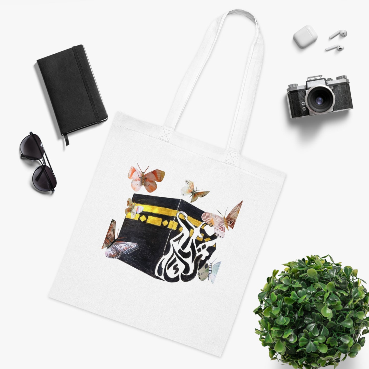 Kaaba & Butterflies Cotton Tote — Islamic Pilgrimage Prayer Bag