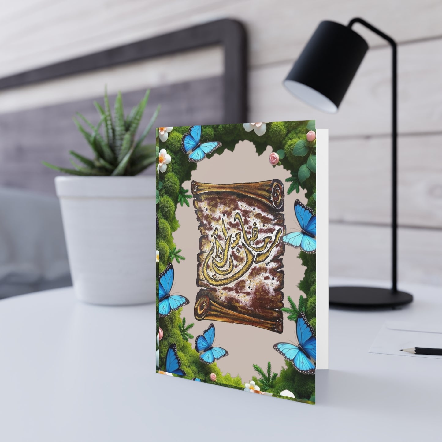 Greeting Card — Arabic Calligraphy Scroll with Blue Butterflies (Blank Inside)