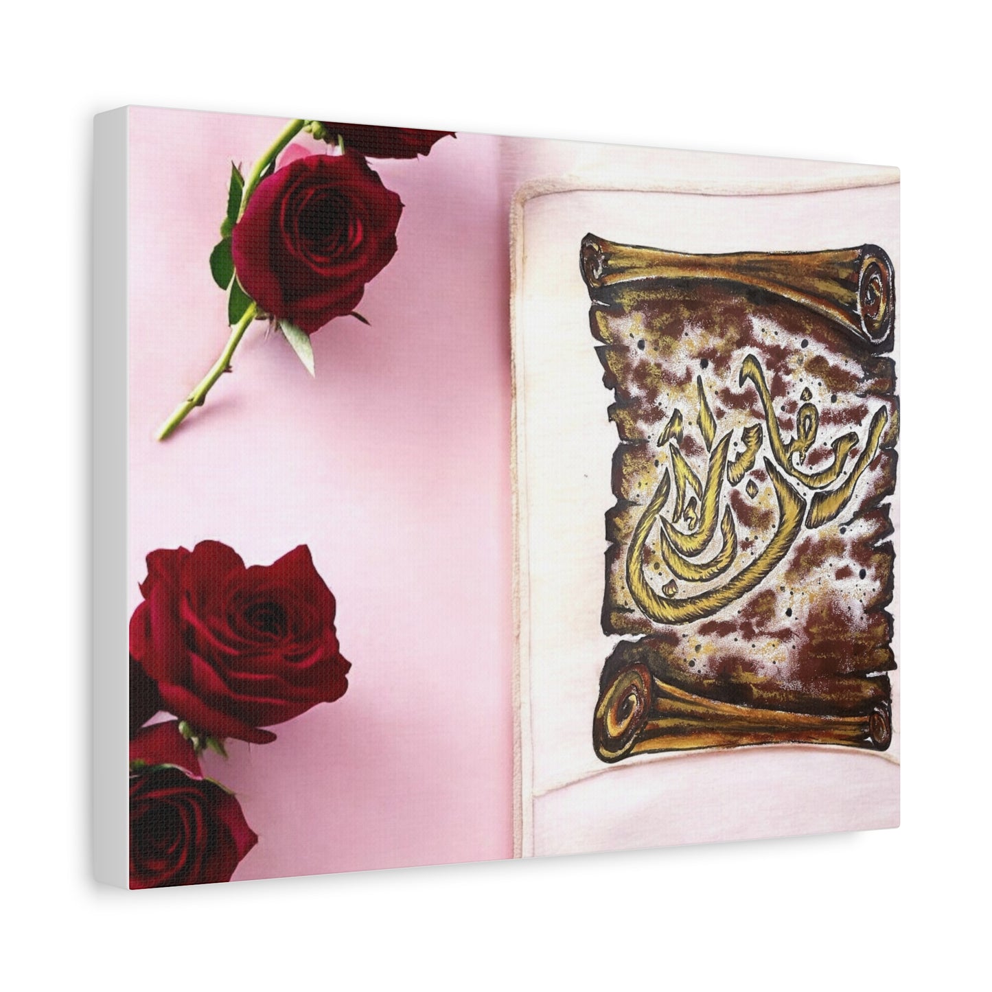 Arabic Calligraphy Canvas Wall Art — 'Bismillah' Scroll with Red Roses, Matte Stretched Canvas