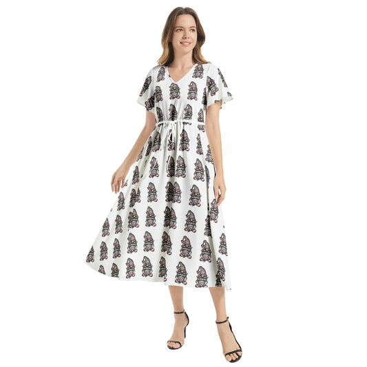 Flutter Sleeve Drawstring Waist Flared Dress