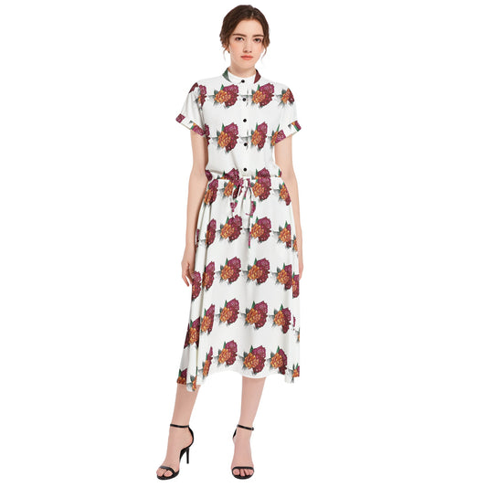 Drawstring Waist A-line Flared Midi Dress