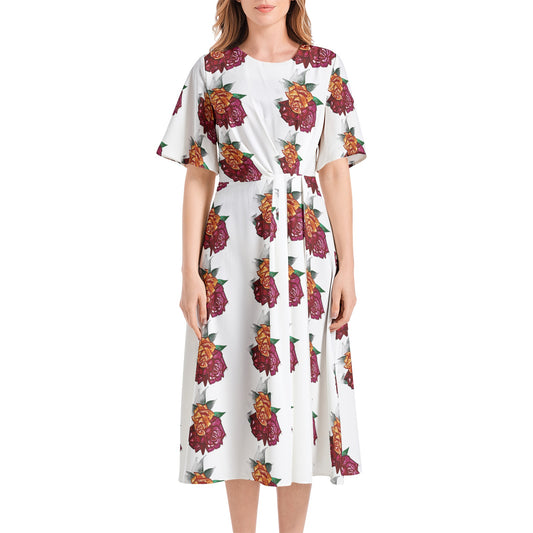 Short Sleeve Waist Folding Midi Dress