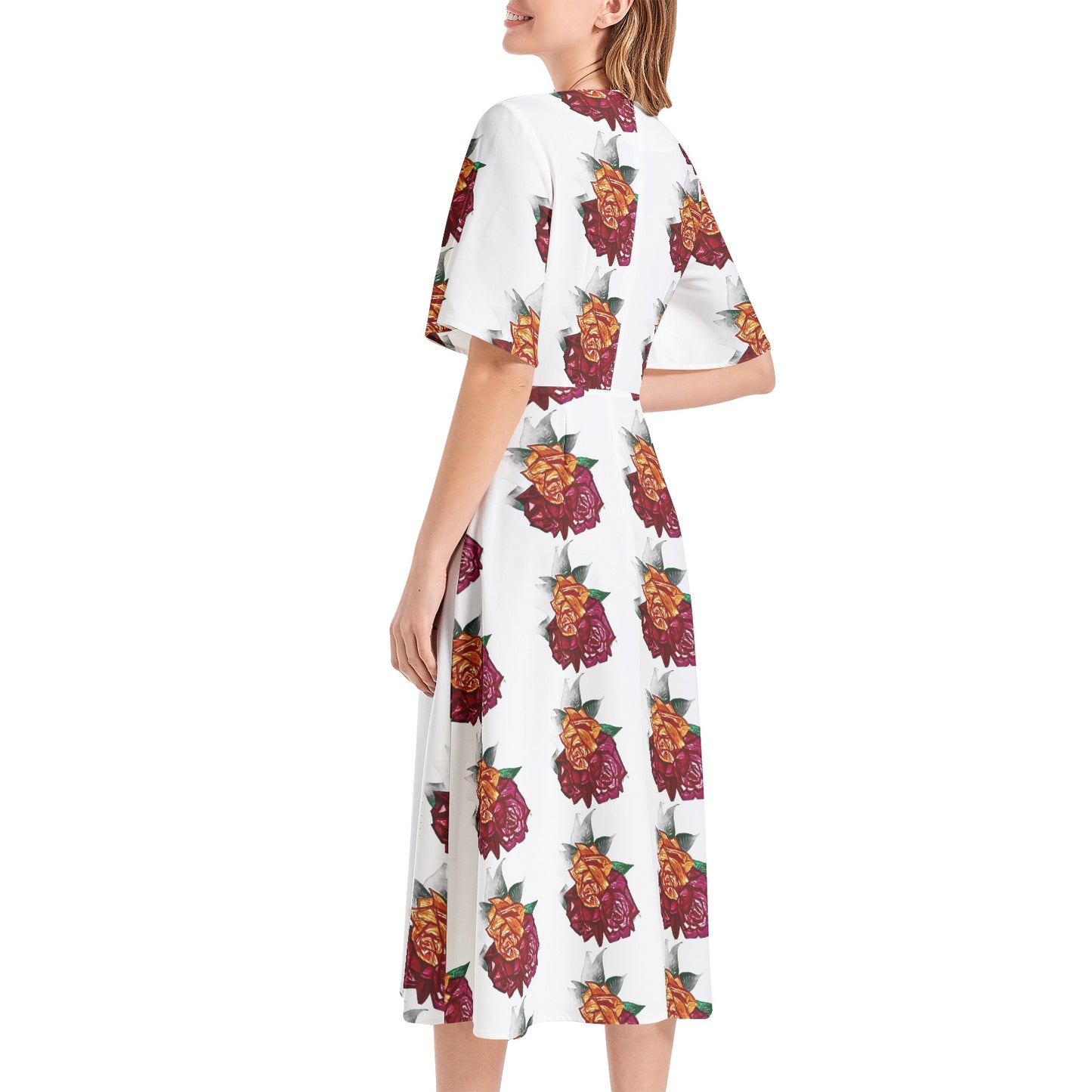 Short Sleeve Waist Folding Midi Dress