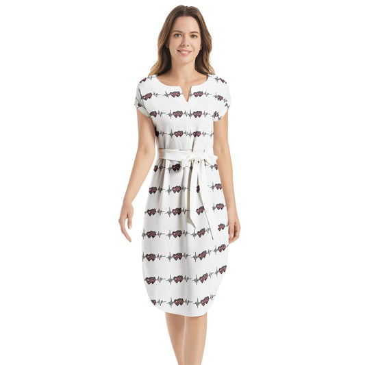 Notched Neck Belted Dress