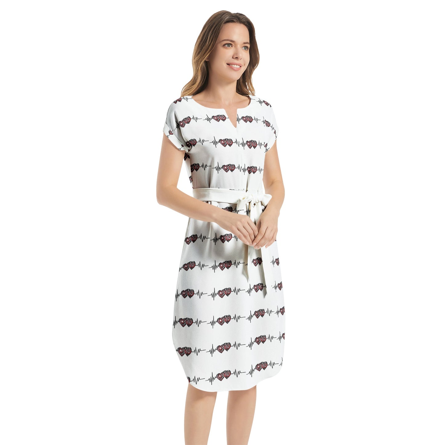 Notched Neck Belted Dress