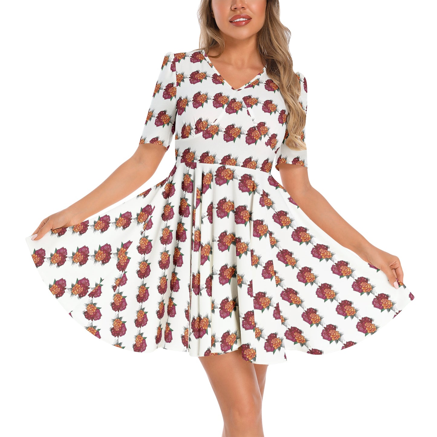 Short Sleeve Ruched Bust Flared Hem Dress