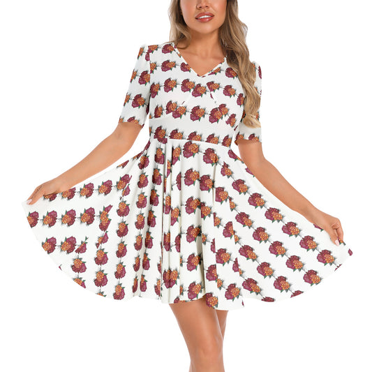 Short Sleeve Ruched Bust Flared Hem Dress