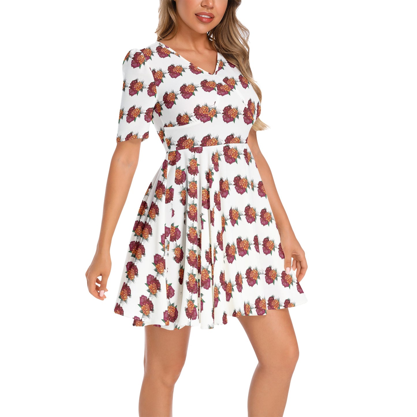 Short Sleeve Ruched Bust Flared Hem Dress