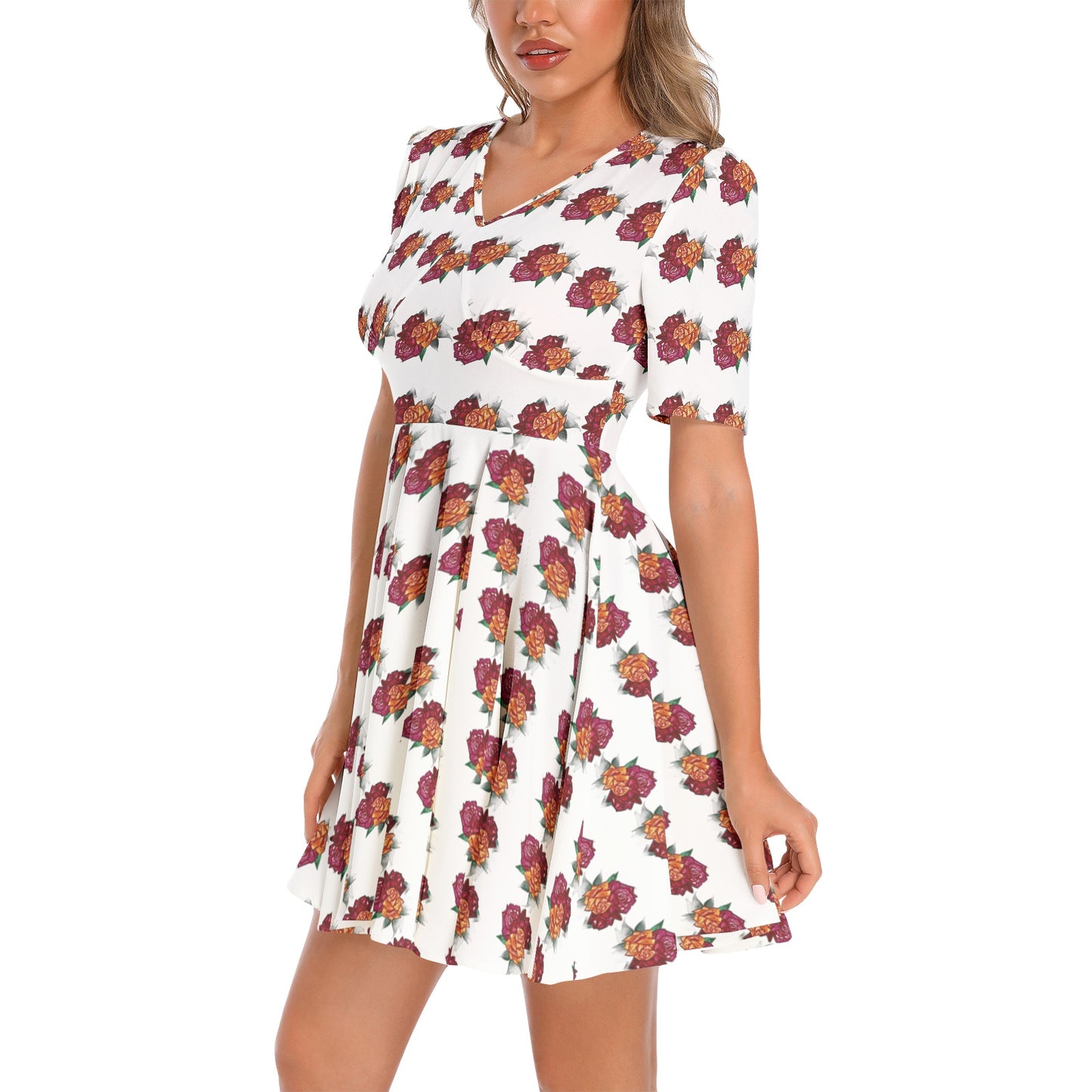 Short Sleeve Ruched Bust Flared Hem Dress